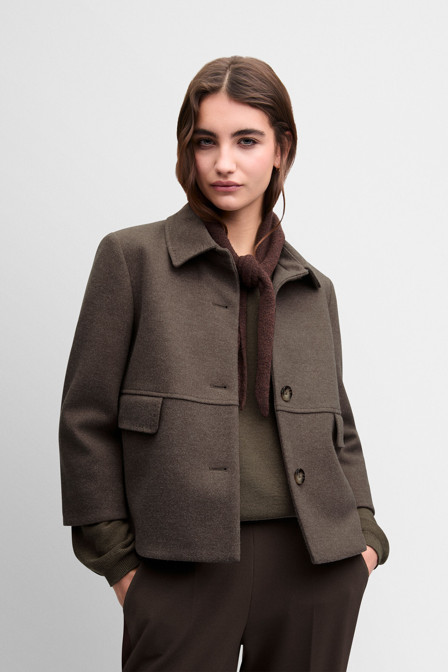 Wolljacke, Kragen, Knöpfe, Brusttasche, Manteloptik