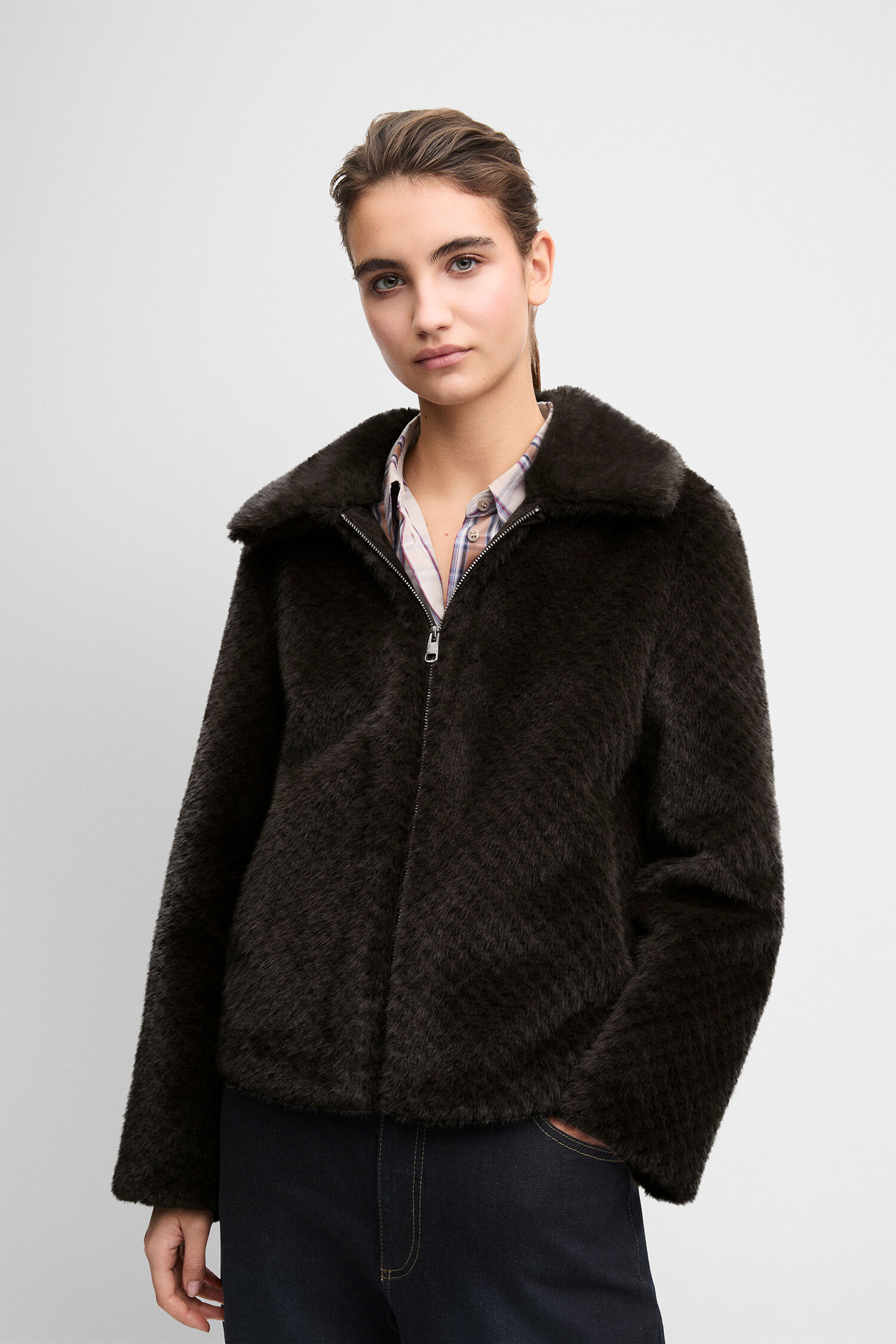 Fleecejacke, Reißverschlussjacke, Kragenfell, Dunkelbraun, Oversized-Schnitt