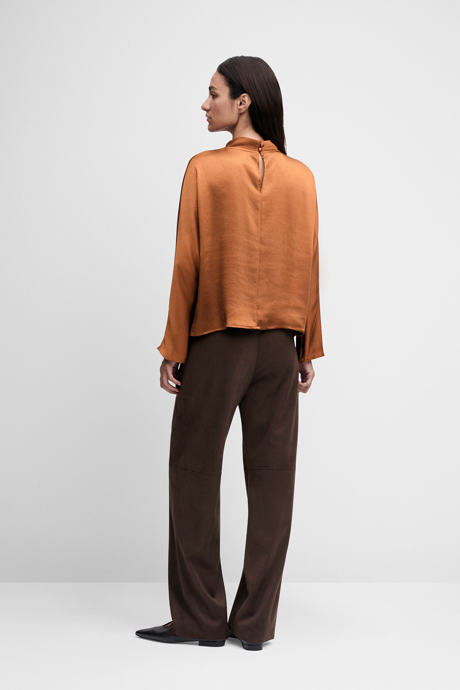 bluse, langarm, satin, orangetöne, hose