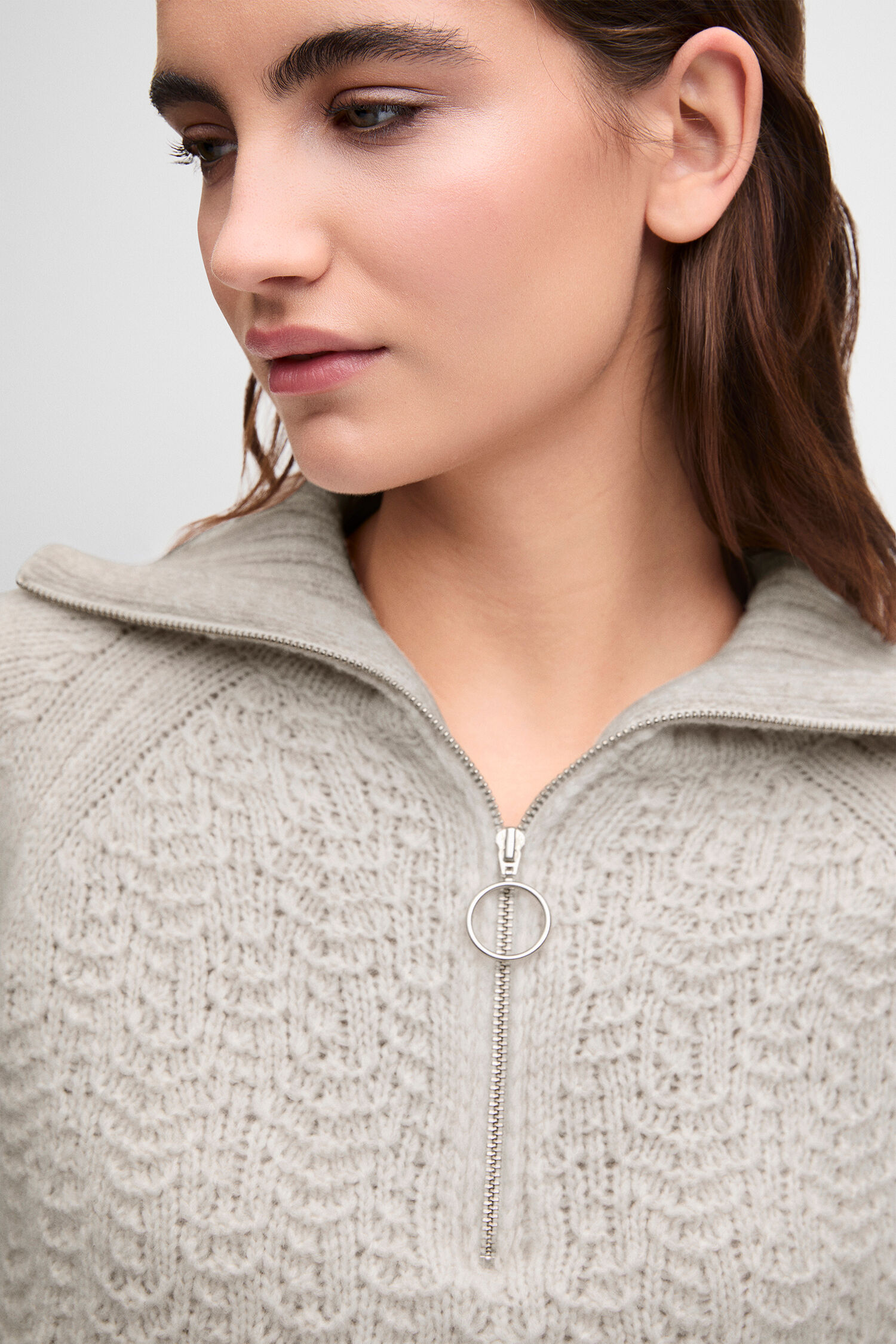 Knitjacke, Reißverschluss, Katzenpfotenmuster, Beige, Pullover