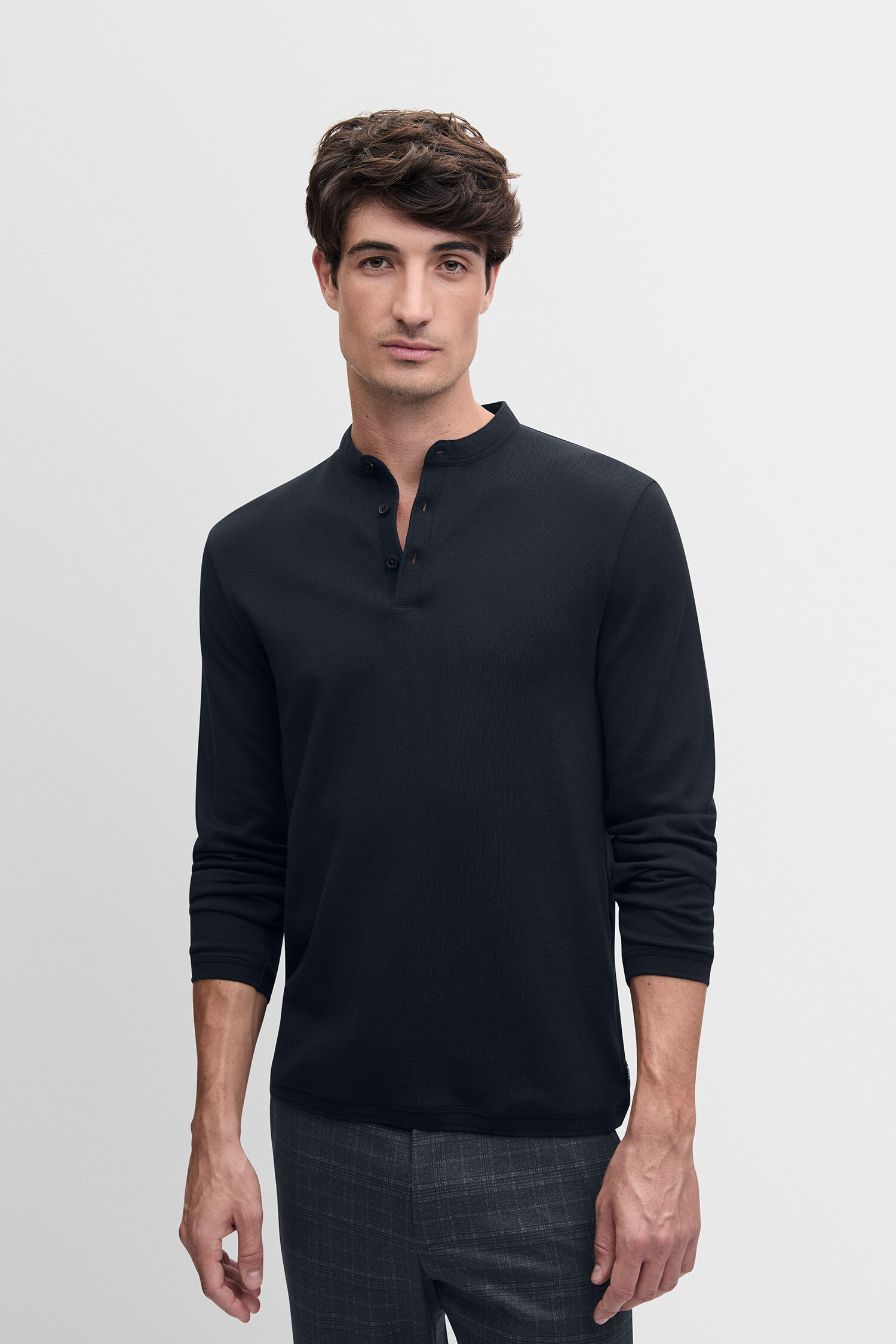 Henley, Langarm, Dunkelblau, Körpernah, Pullover