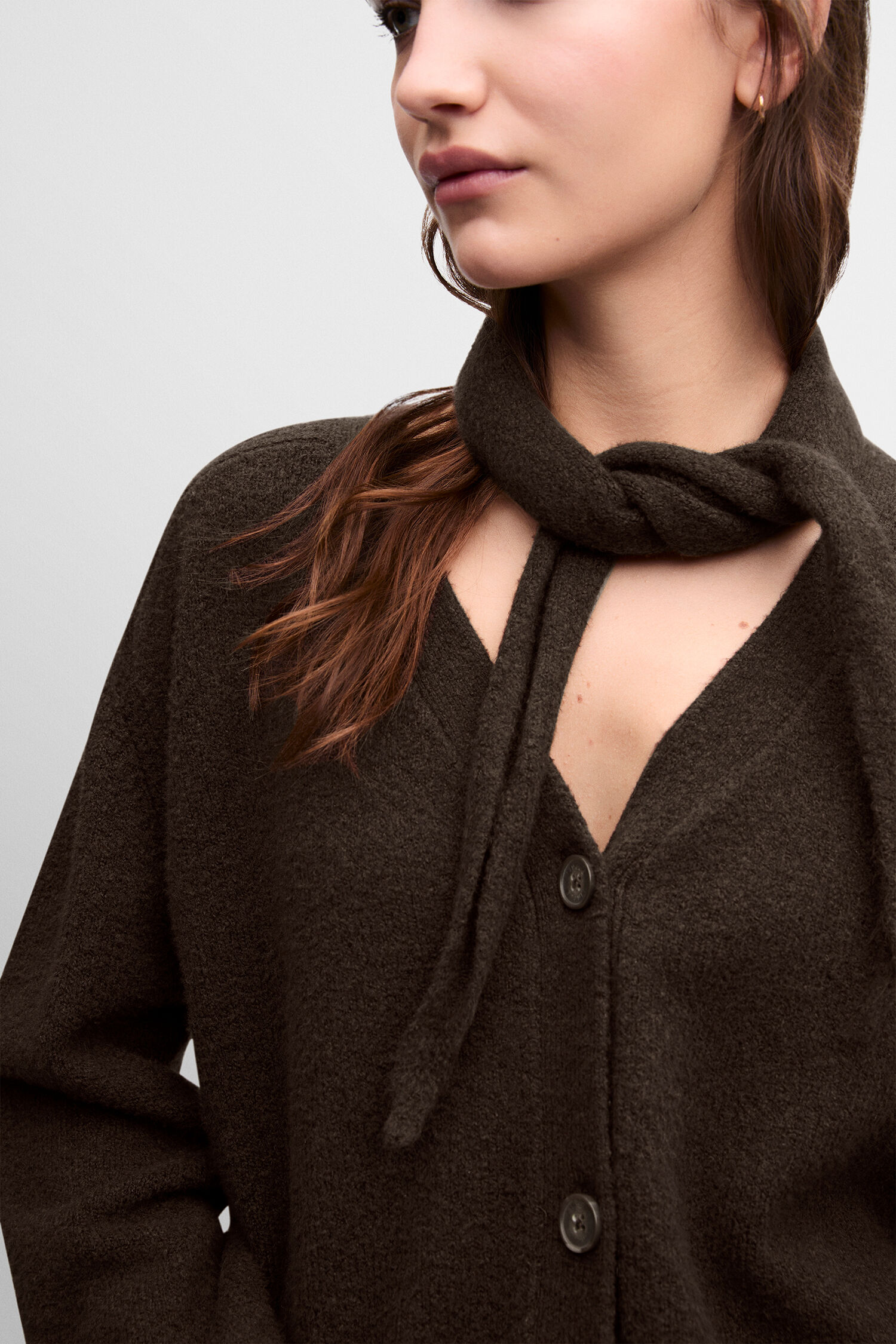 Cardigan, Brown, Knitted, Scarf, V-neck