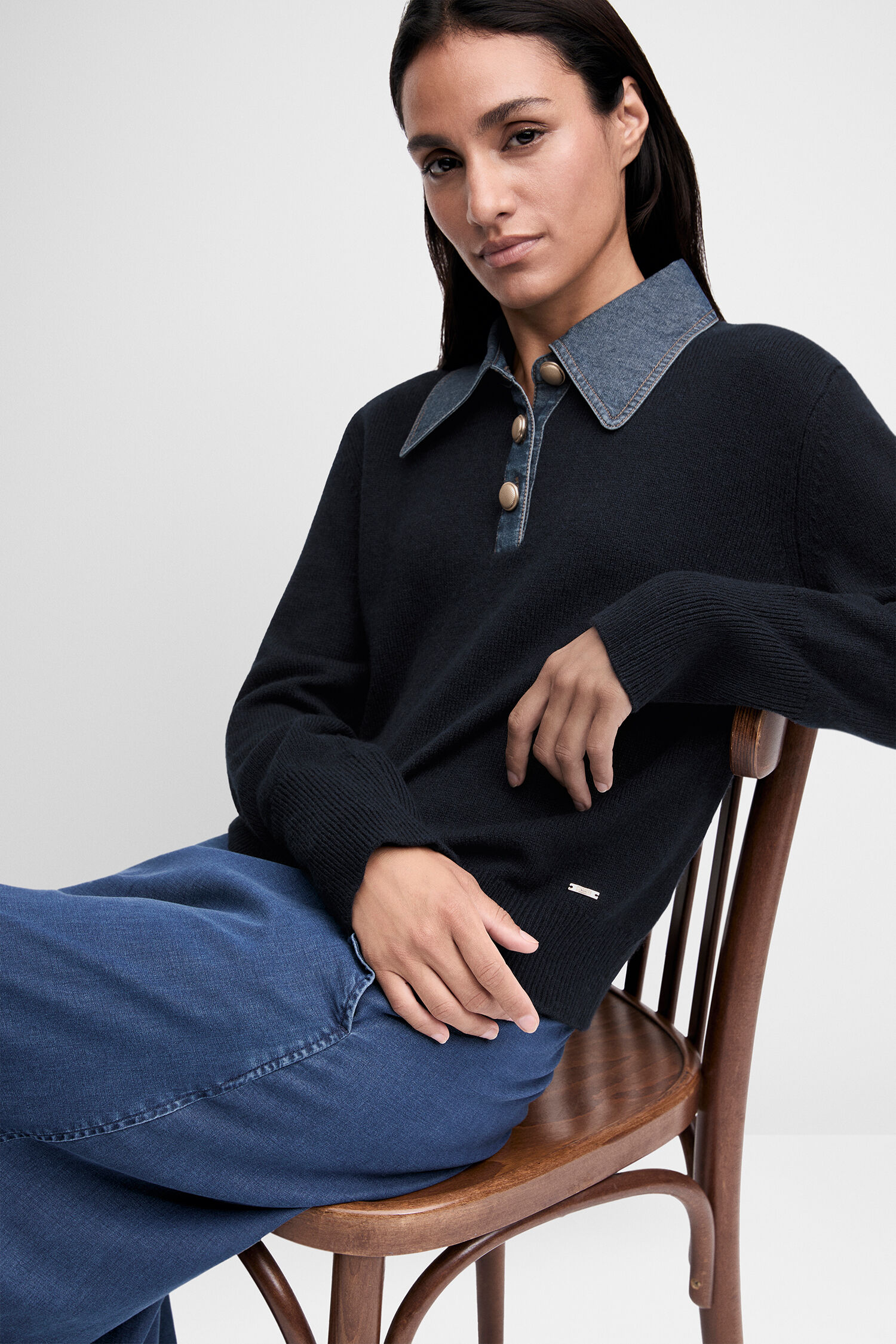 Pullover, dunkel, Kragen, Knopf, Jeans, Pullover, Kragen, Knöpfe, Dunkelblau, Wollpullover