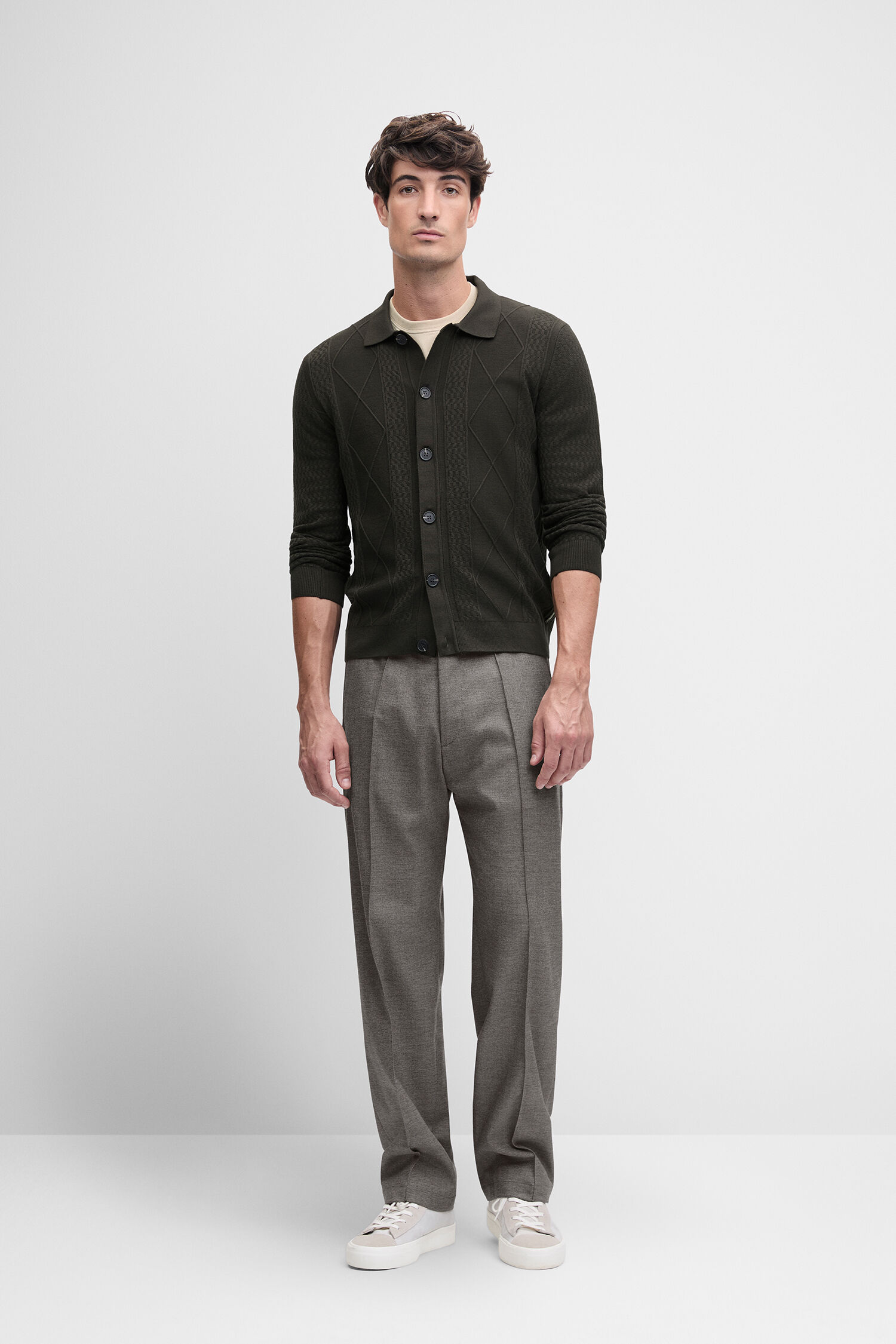 dunkelgrün Cardigan, Kragenpullover, Zopfmuster, Knopfleiste, Bündchenärmel