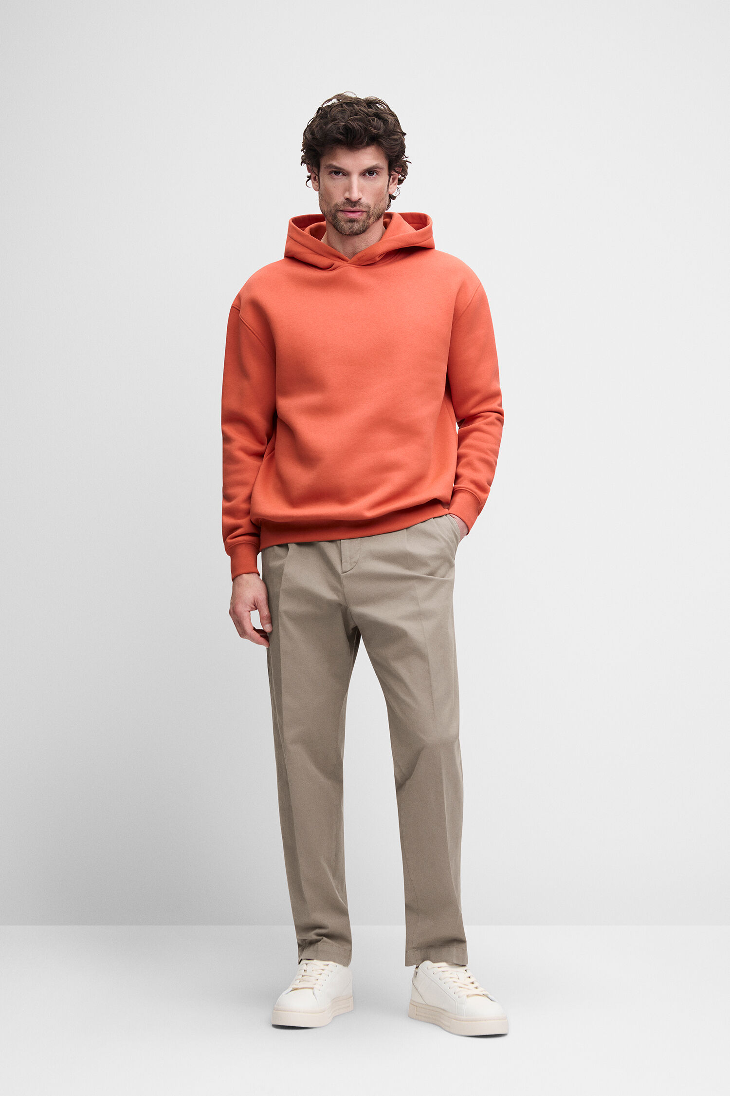 Hoodie,  Orange,  Hoodie Pullover,  Beige Pants,  Sneakers
