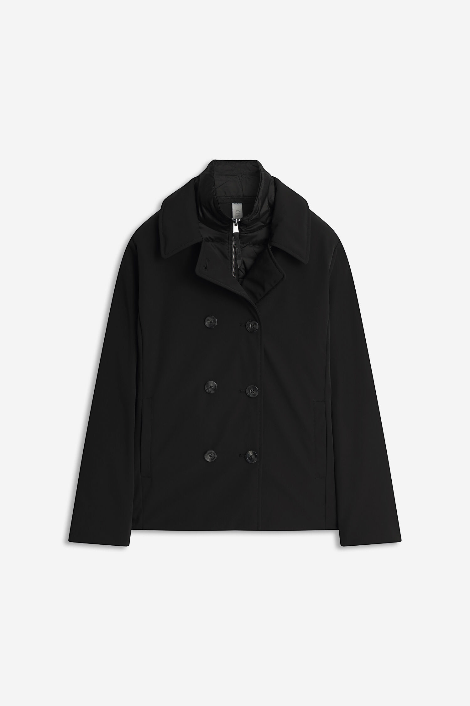 doppelreihiger mantel, schwarz, reversknopf, jacke, mantel passtform