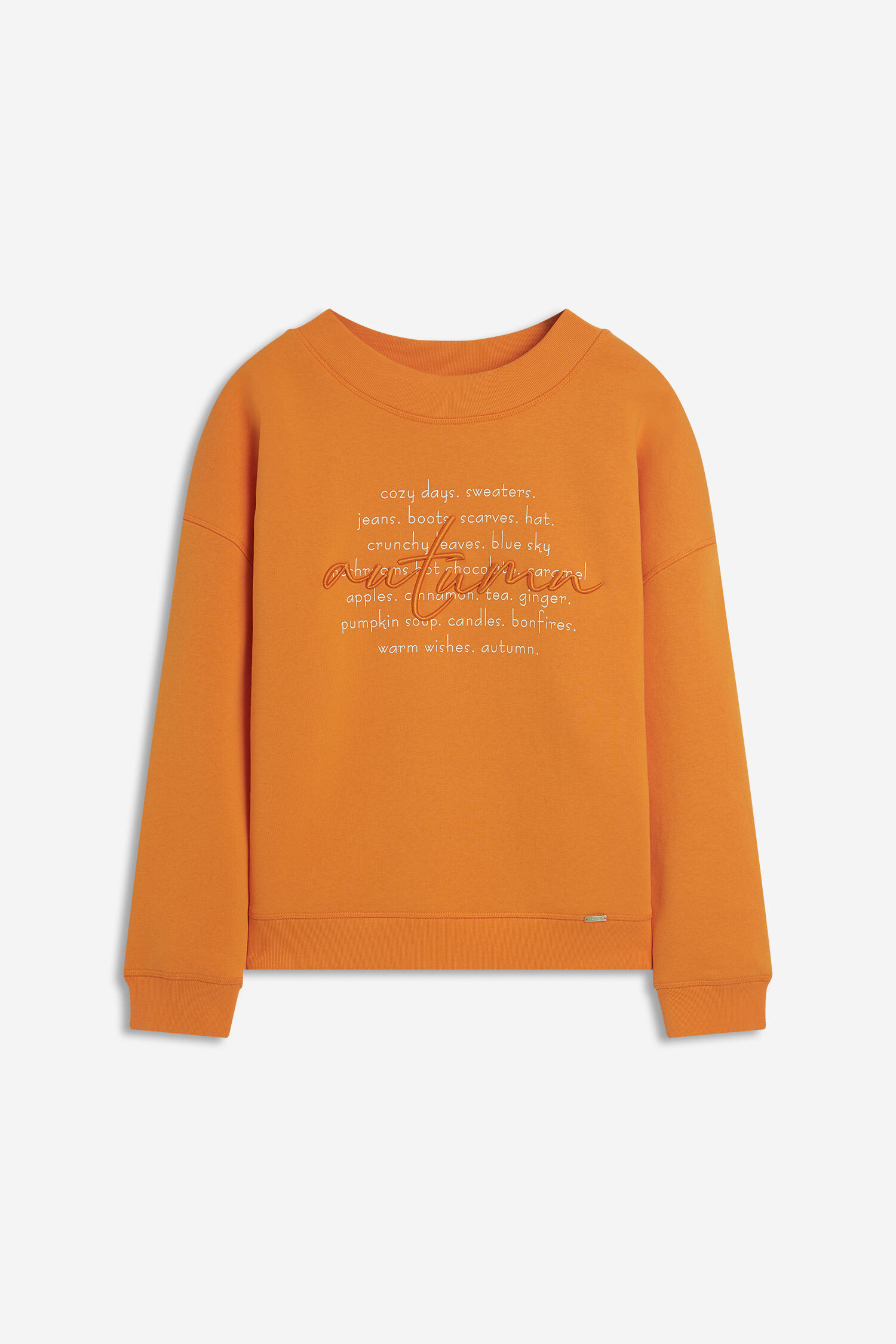 orange sweater, crew neck, long sleeve, text print, unisex fit
