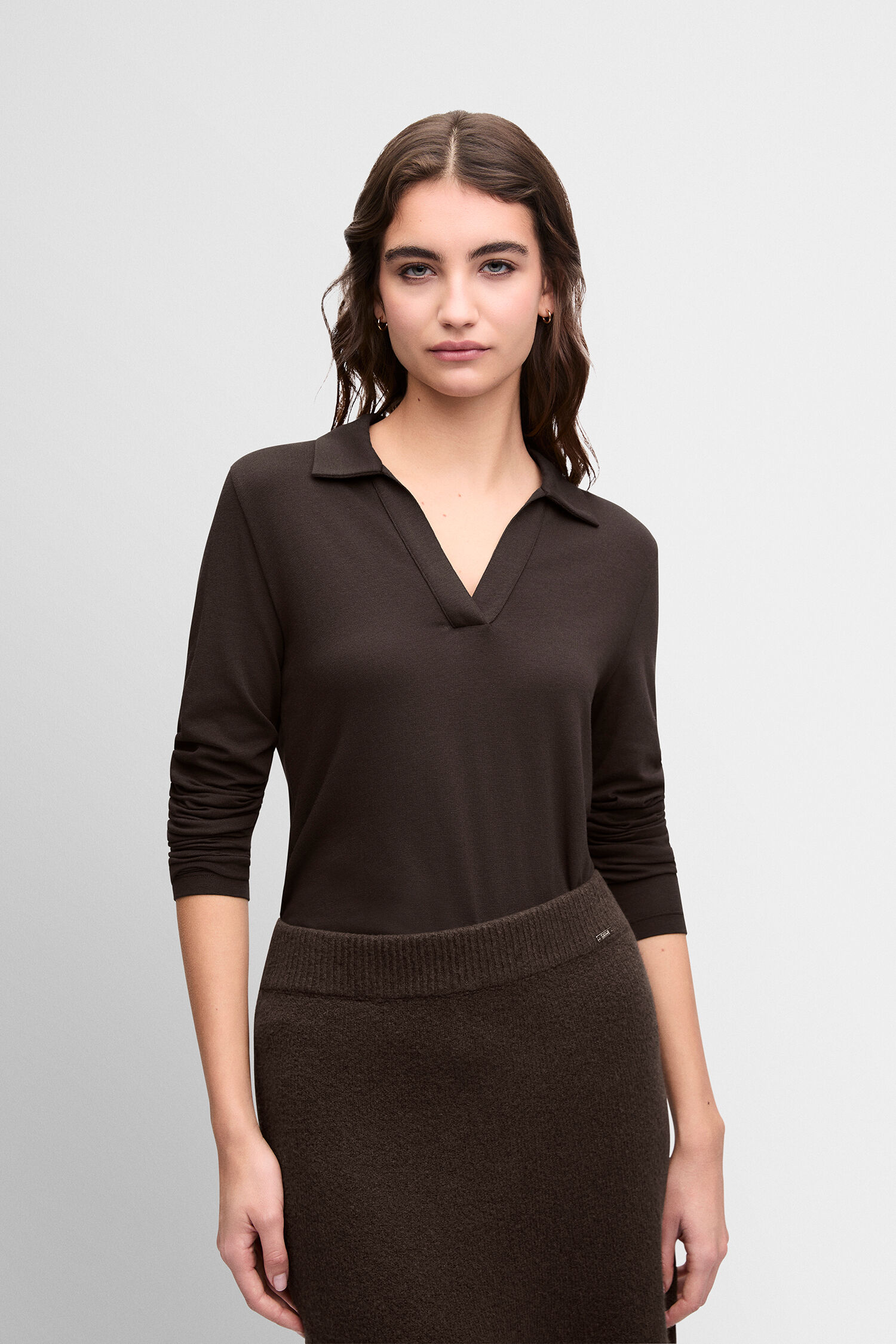 Langarmshirt, V-Neck, Kragen, Dunkelbraun, Kompaktstrick