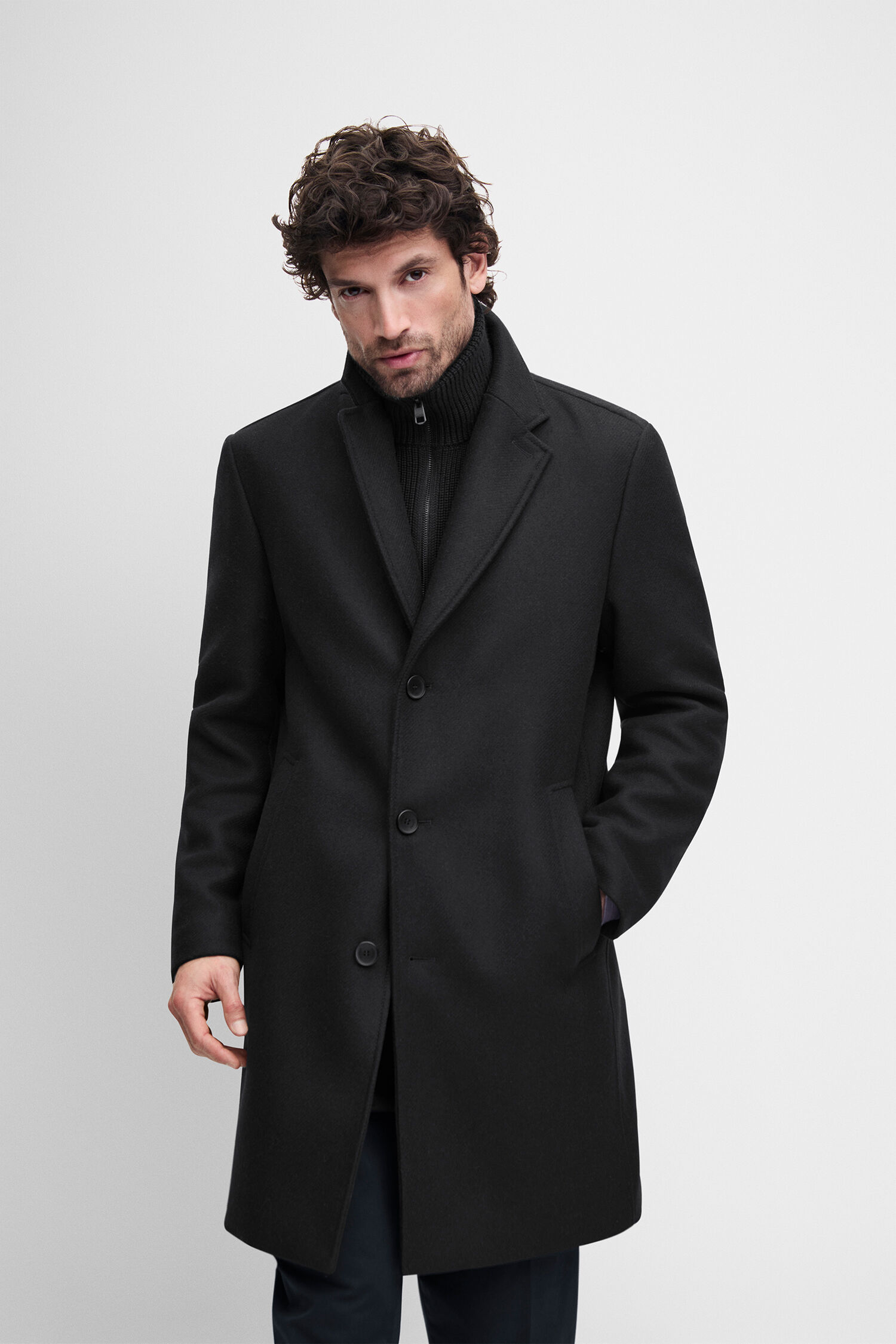 Wollmantel, Duffle-ähnlich, Schwarz, Knopfleiste, Revers