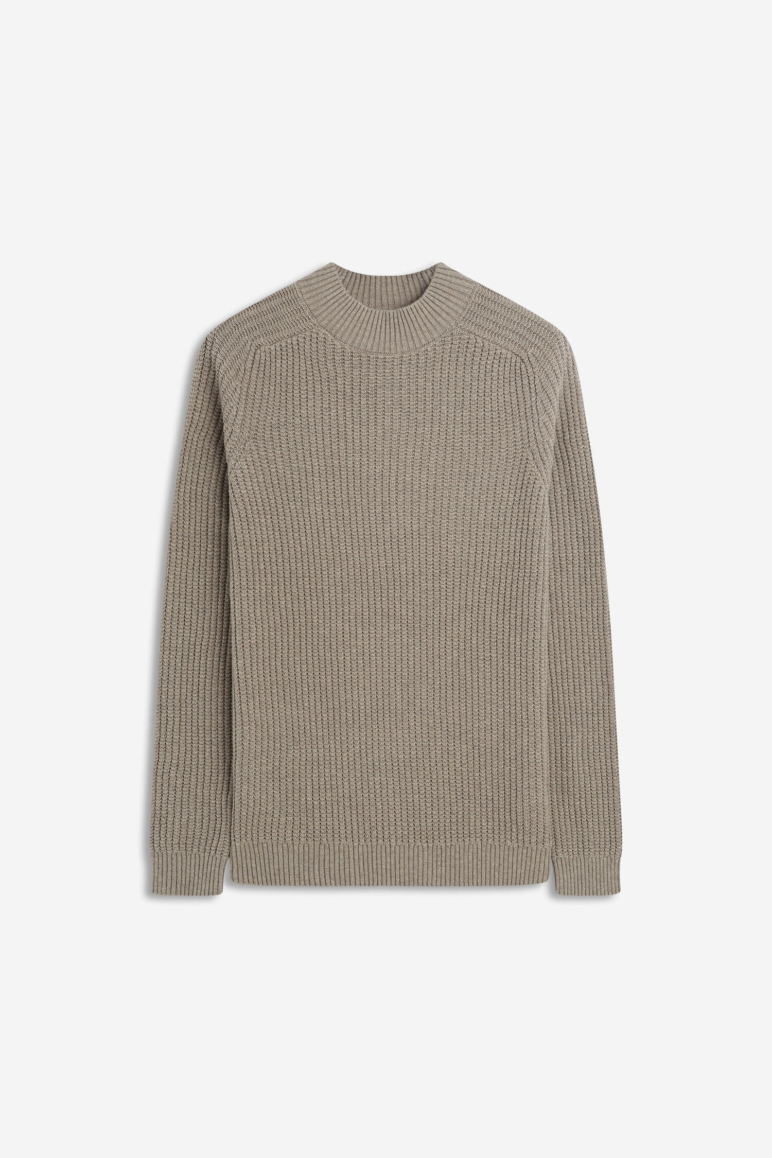 Kapuzenloser Pullover, Kernstruktur Strick, Kastengrau, Waffelstrick, Rundhalsausschnitt