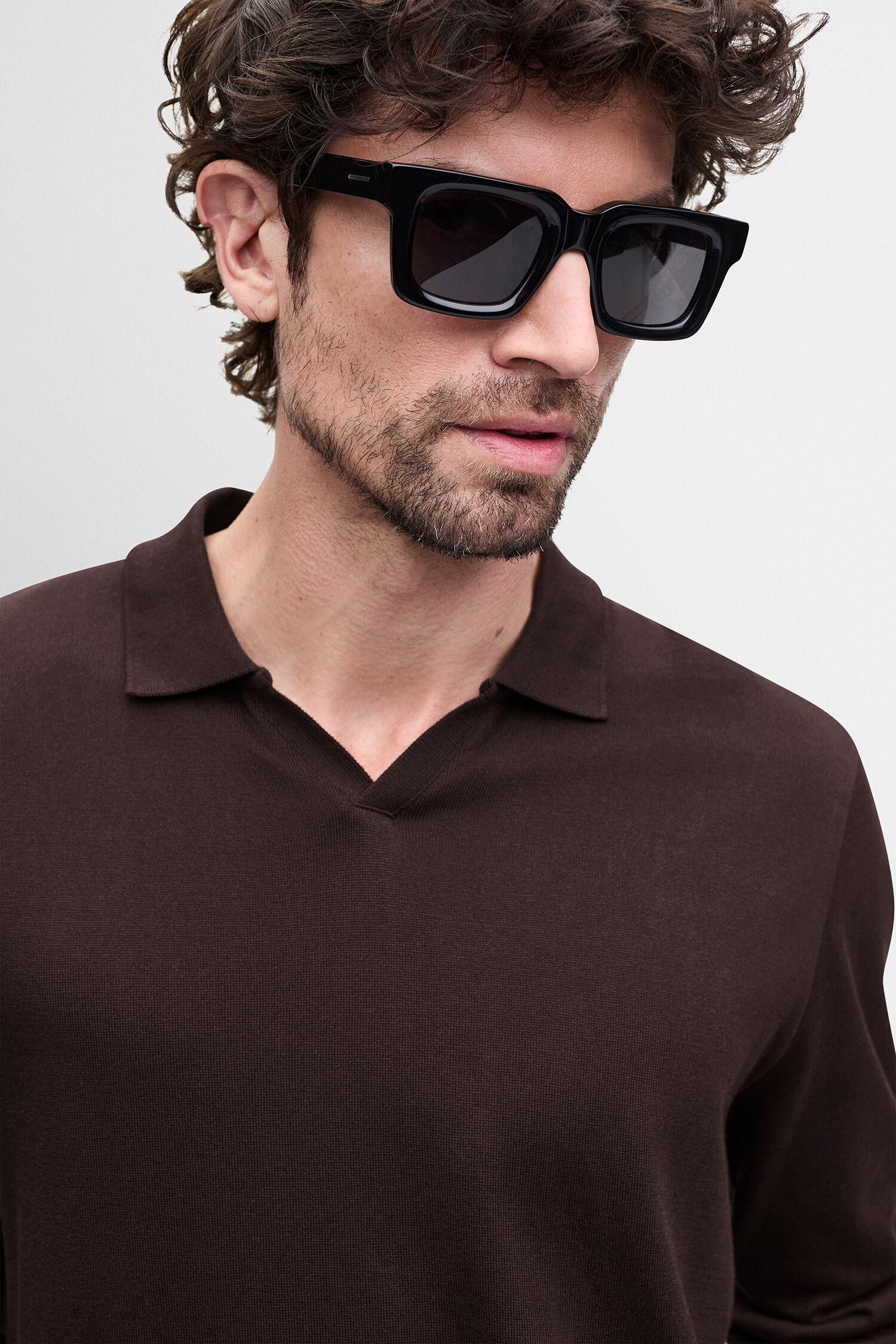 braun, polohemd, pullover, langarm, casual