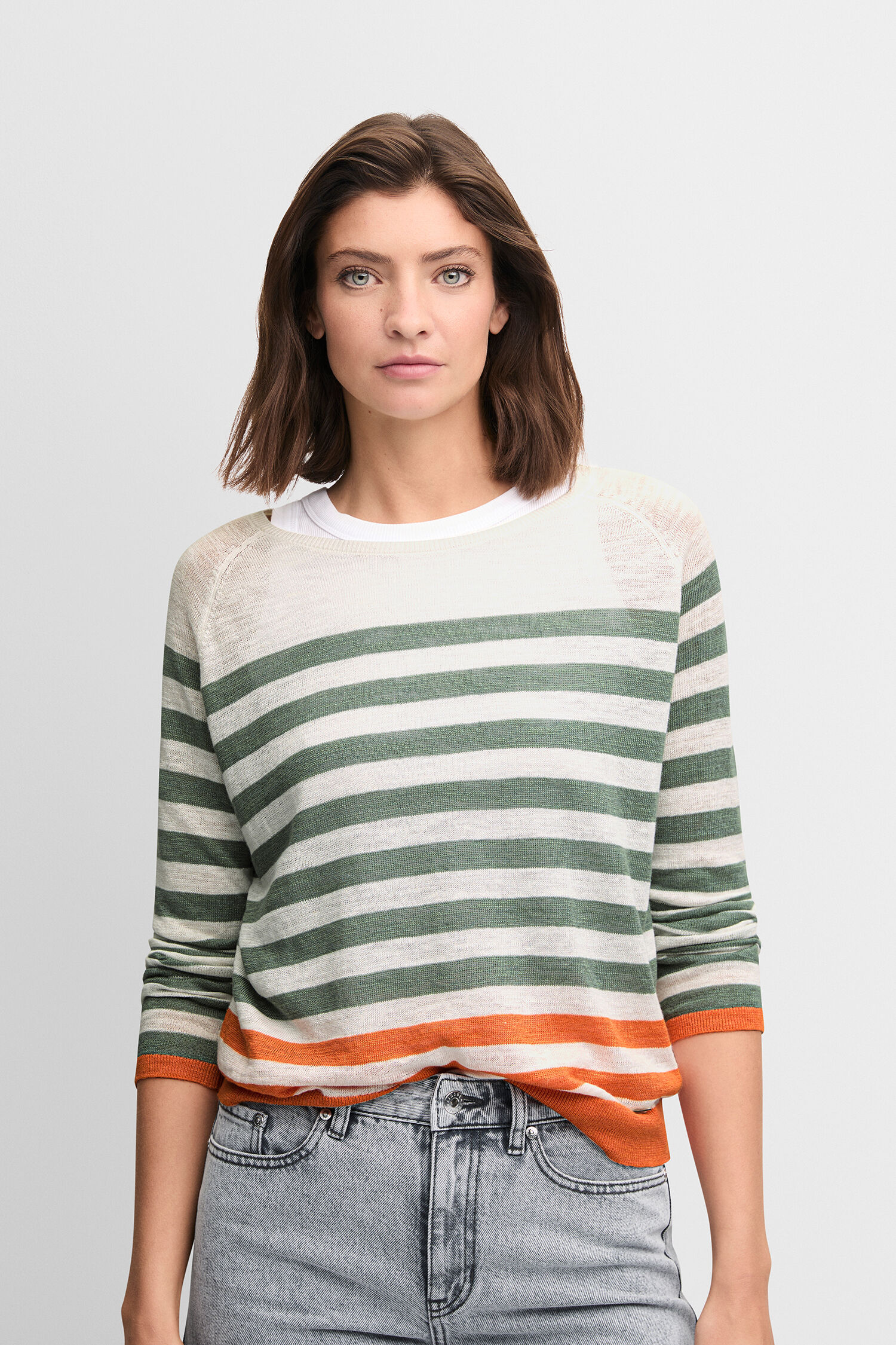 Langarm, Bluse, Pullover, Jeanshose, Person