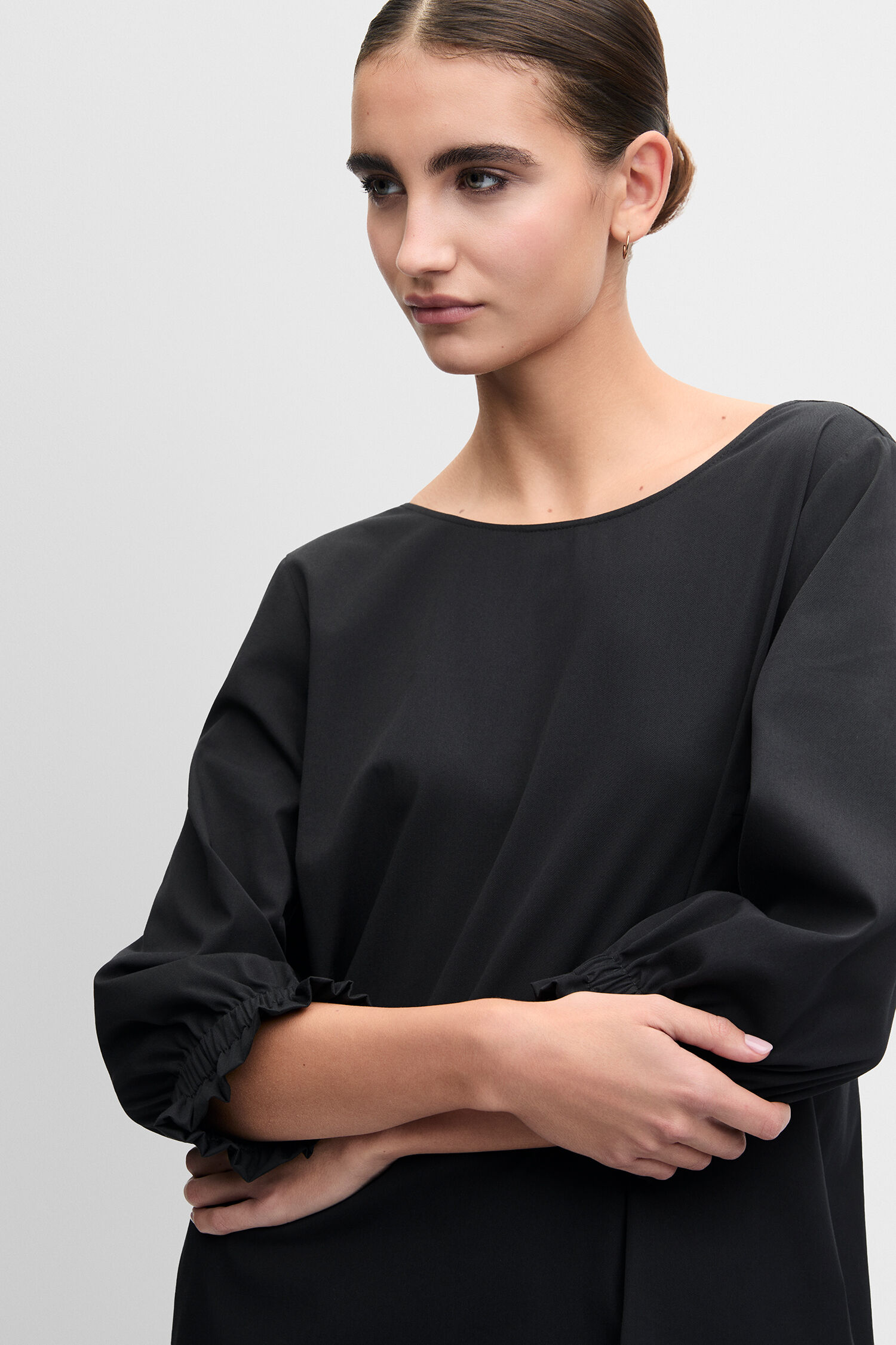 schwarz, bluse, bauschige Ärmel, langarm, unifarben