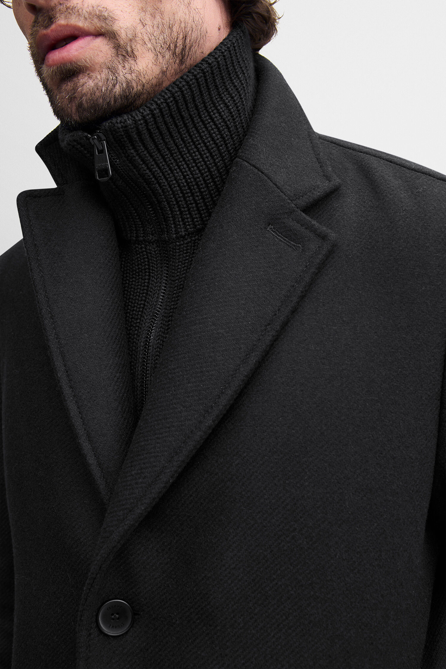 Wollmantel, Duffle-ähnlich, Schwarz, Knopfleiste, Revers
