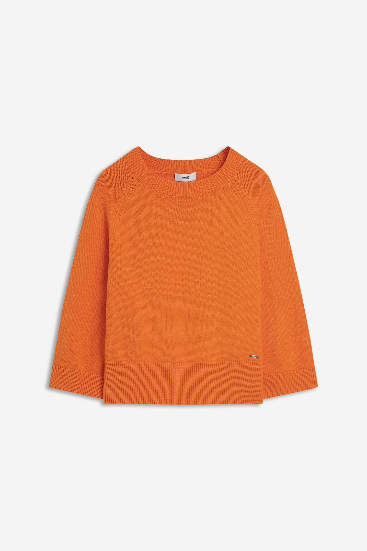 orange sweater, knitwear, crew neck, long sleeve, logo tag