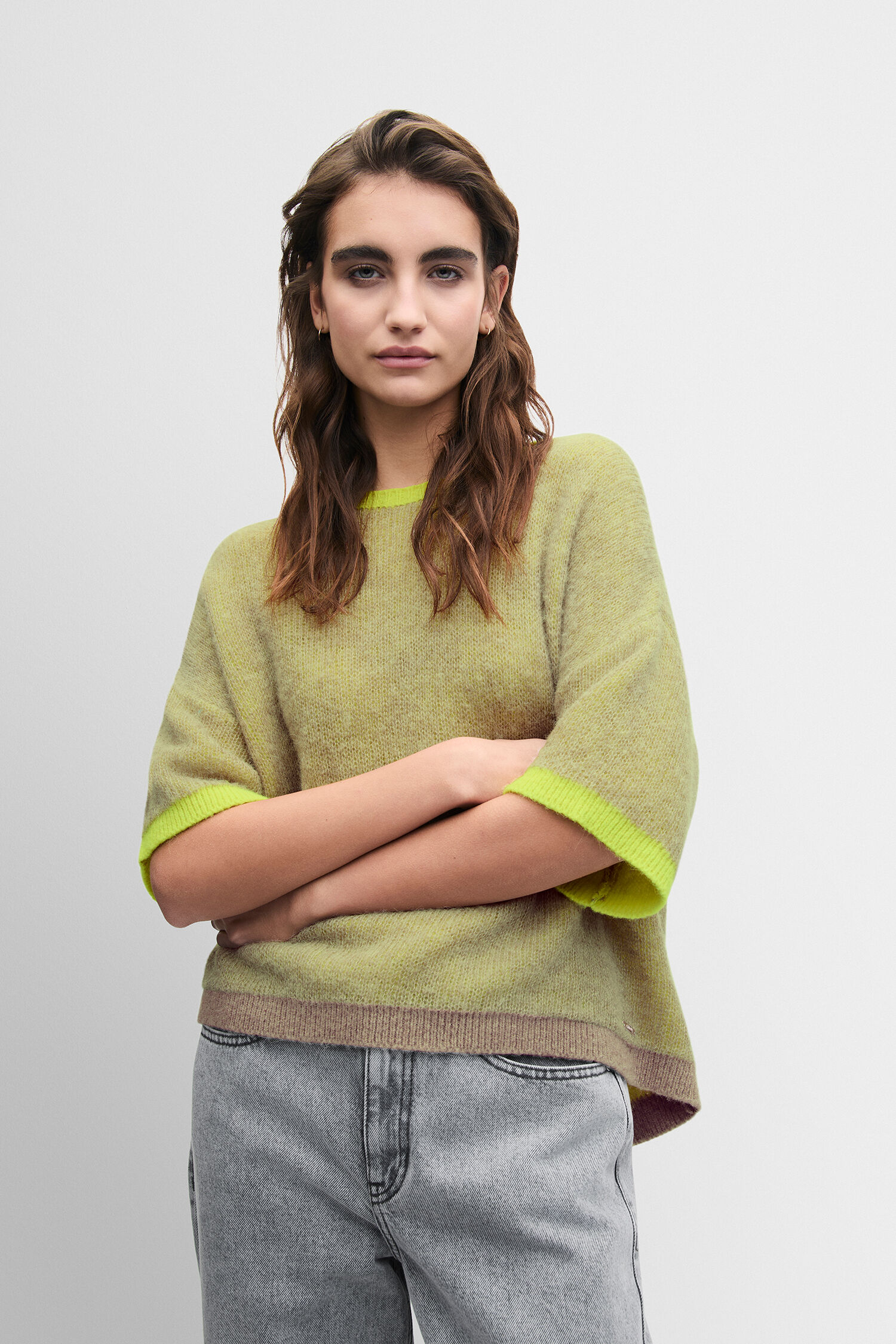 Pullover, Knitwear, Grün, Limette Akzente, Kurzarm?