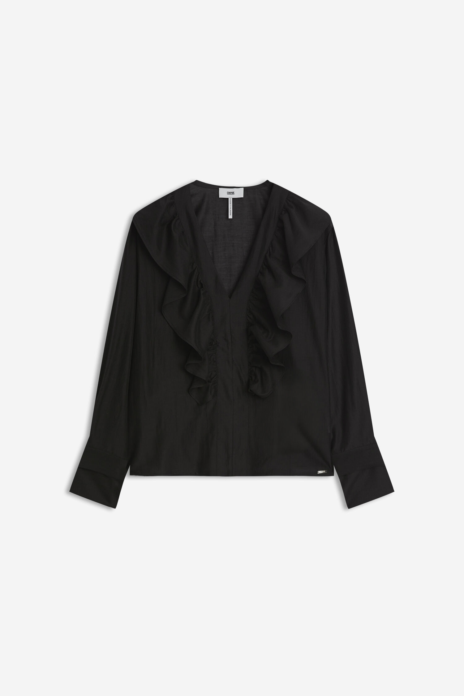 schwarzes oberteil, bluse, rüschen, langeärmlig, v-ruckausschnitt