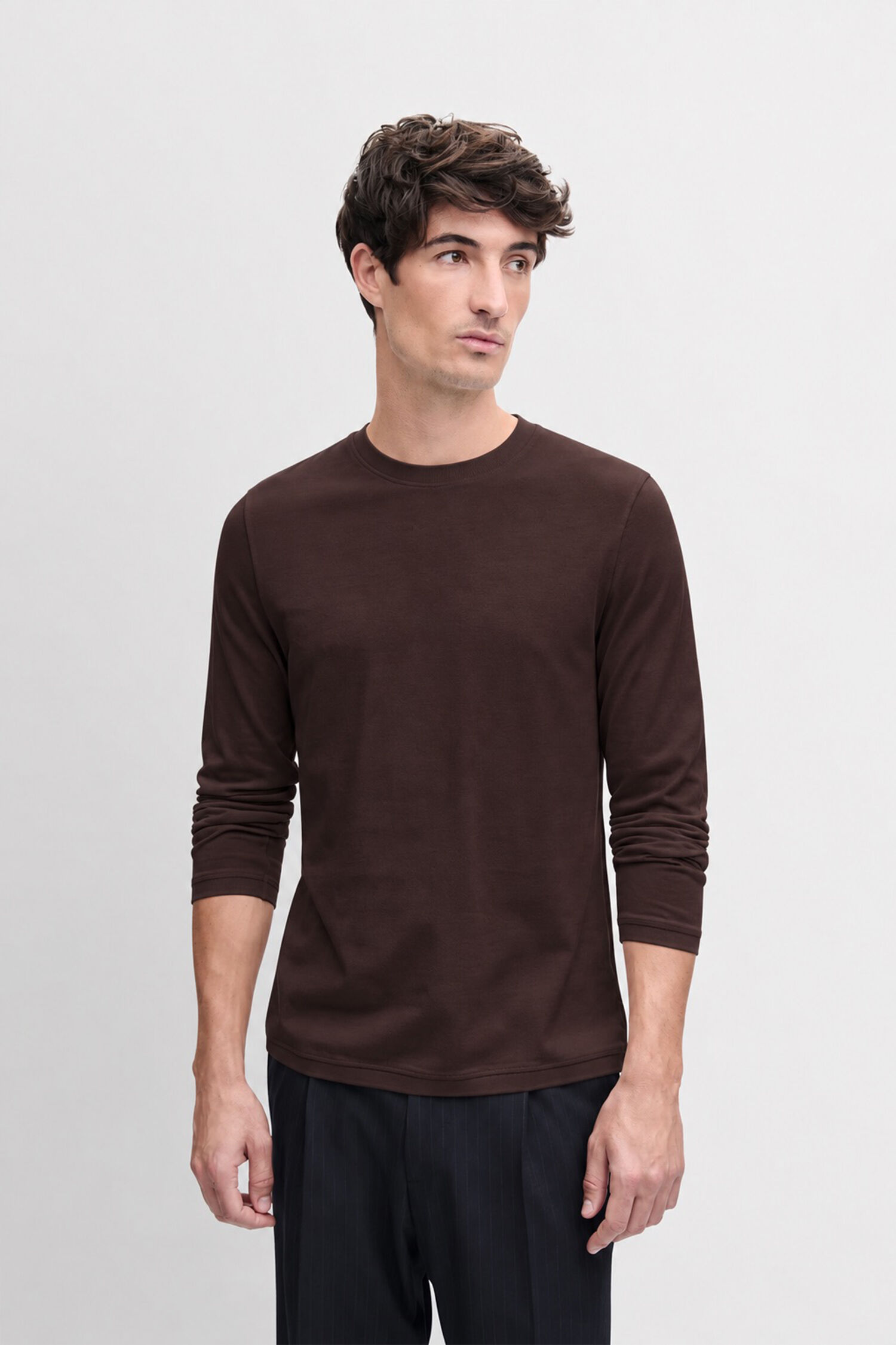 Langarmshirt, Braun, Rundhalsausschnitt, Uni, Schmaler Schnitt