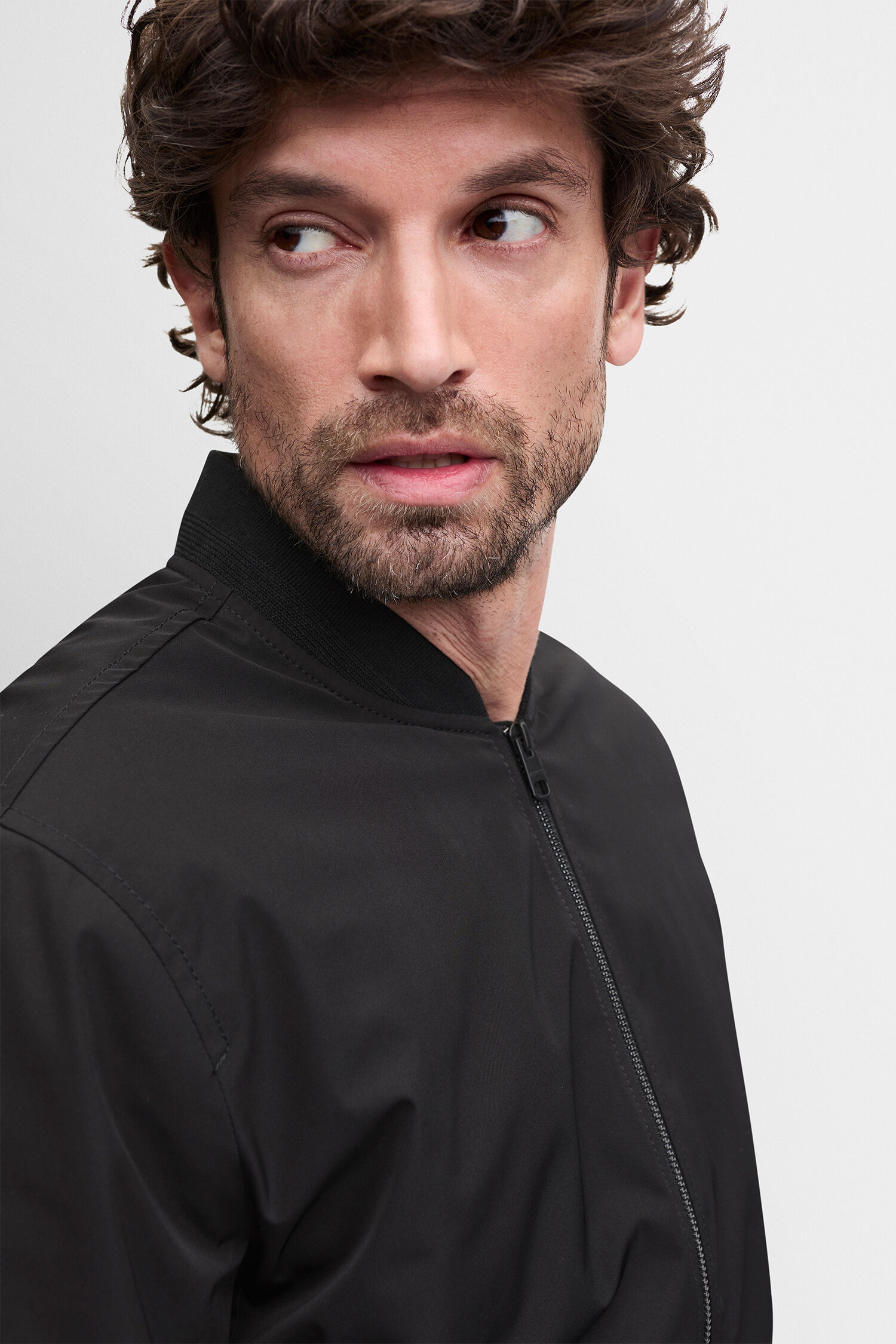 Bomberjacke, Schwarz, Kragenlos, Reißverschluss, Kunstleder-Optik
