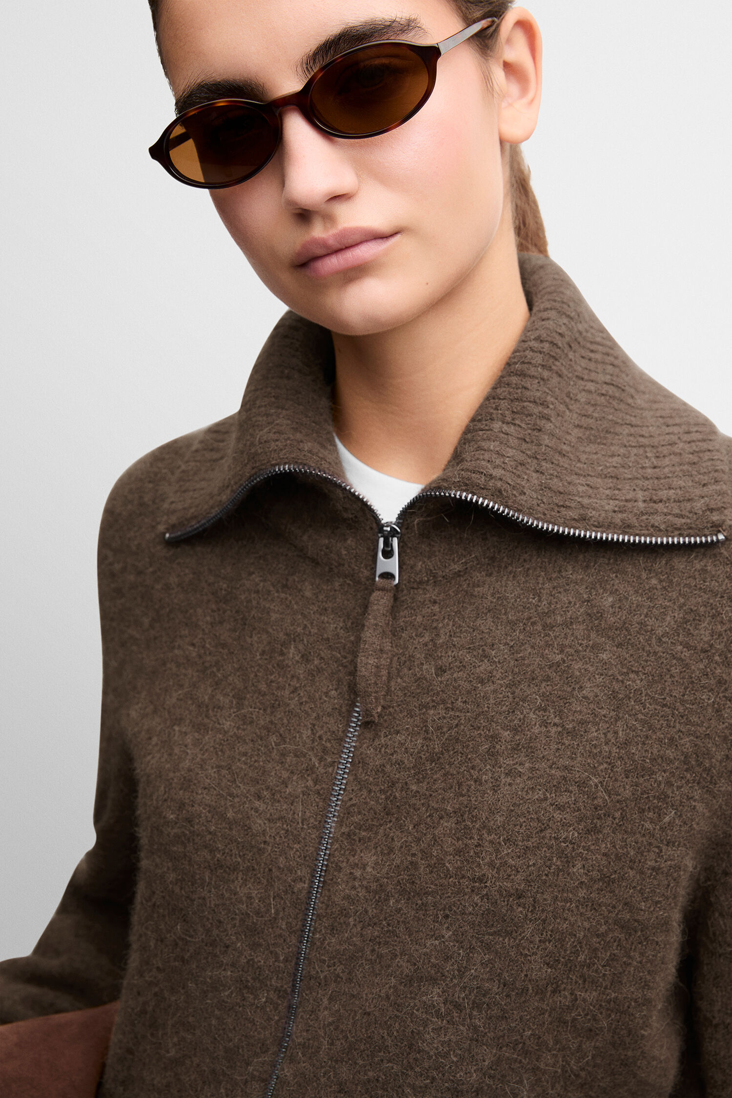 Jacquard, Reißverschluss, Kapuzenloser Cardigan, braun, Pulloverjacke