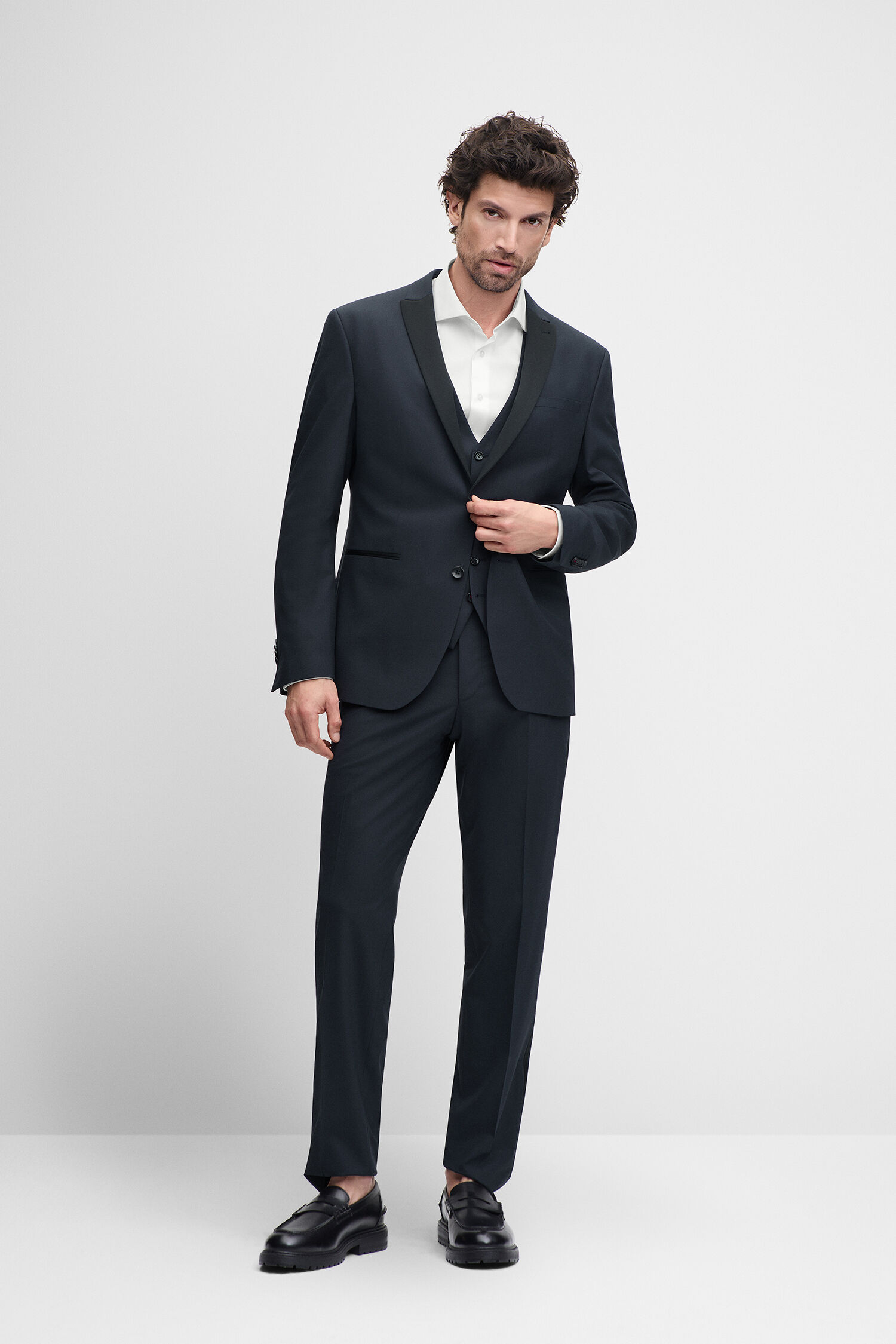 Anzug, dunkelblau, Slim fit, Weste, Lederschuhe