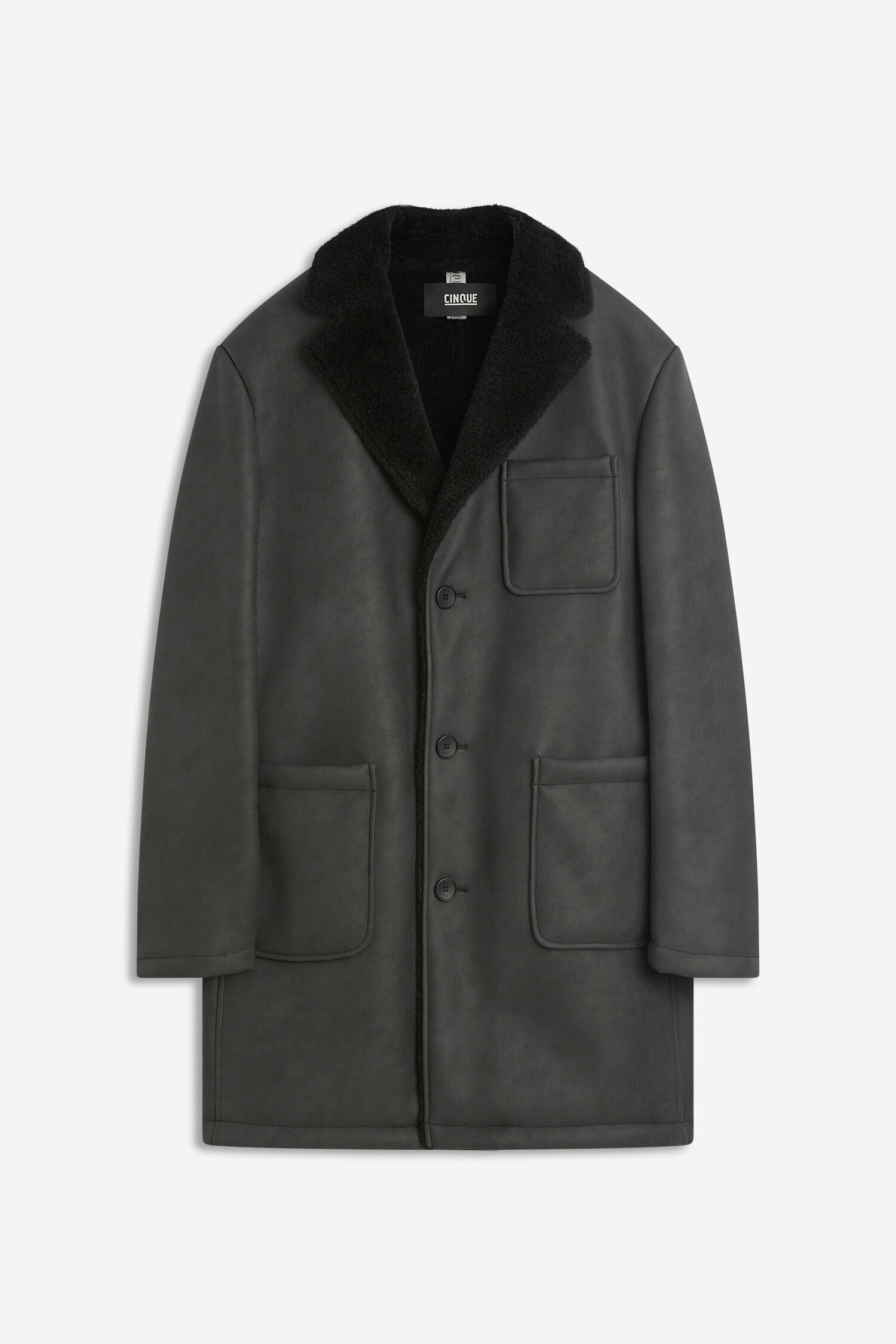 shearling coat, oversized coat, button-front, pocketed, gray