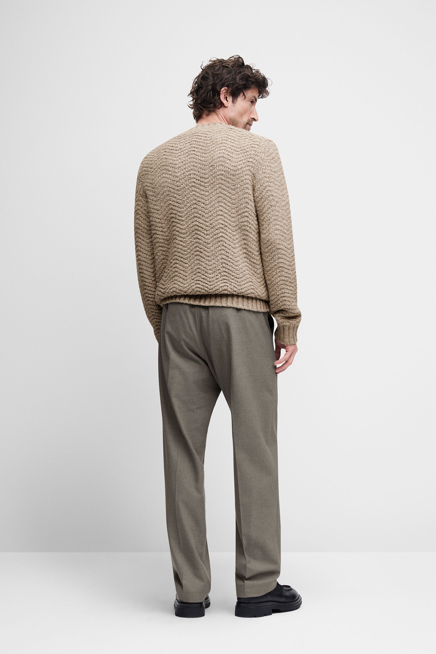beige sweater, textured knit, crewneck, long sleeve, loose fit