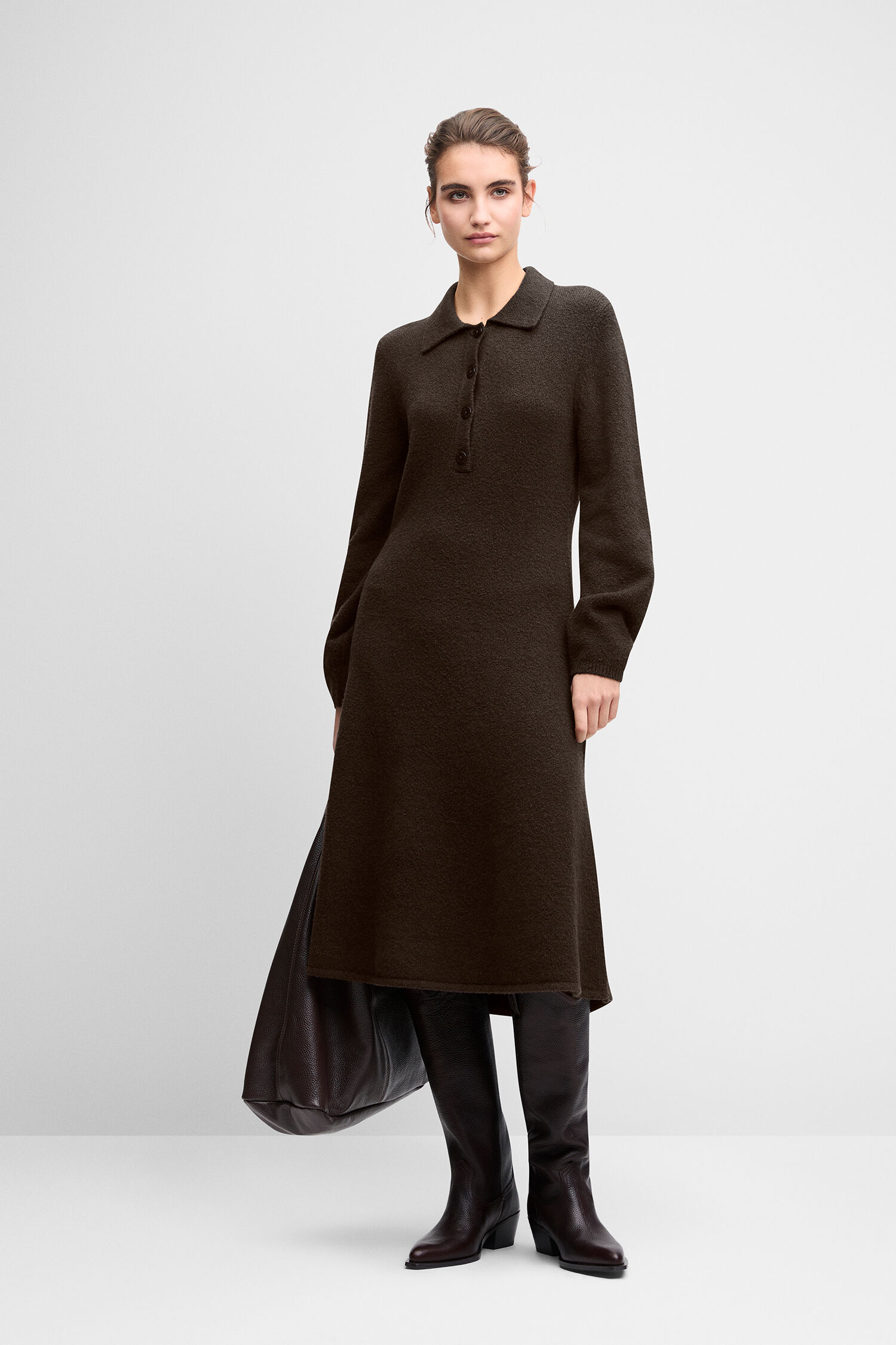 Polohemd, Kleid, Langarm, braun, Knielang