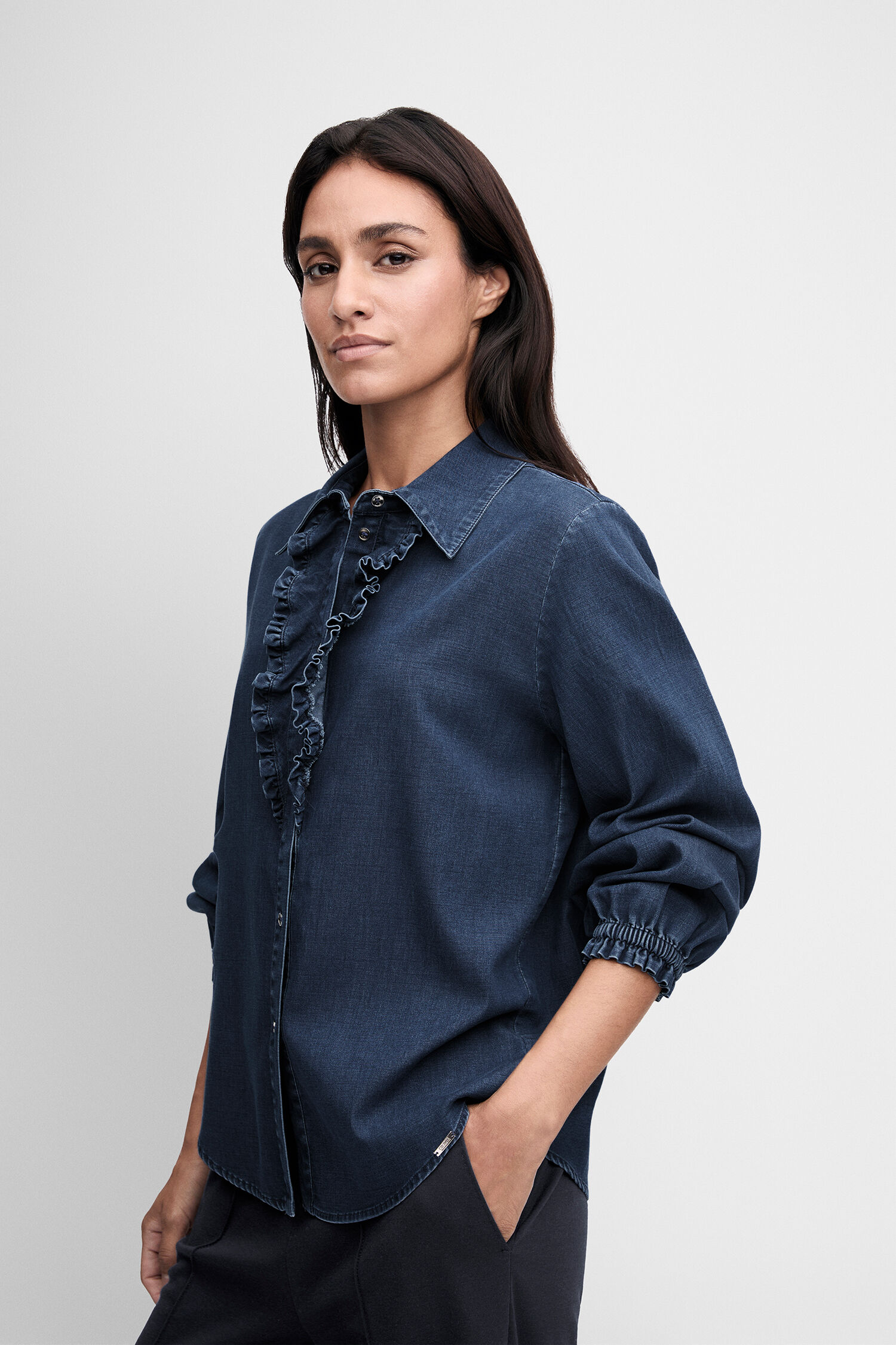 Denim Bluse, Rüschen, Knopfleiste, Langarm, Jeansstoff