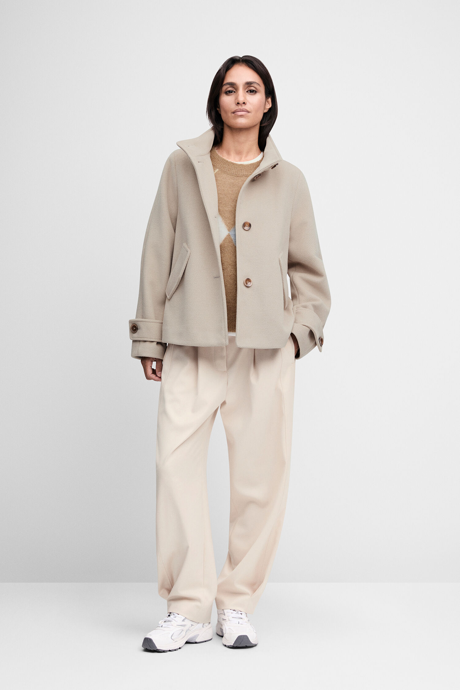 Kapuzenjacke, Beige Jacke, Oversized Jacke, Wollmantel, Hosenanzug-Optik