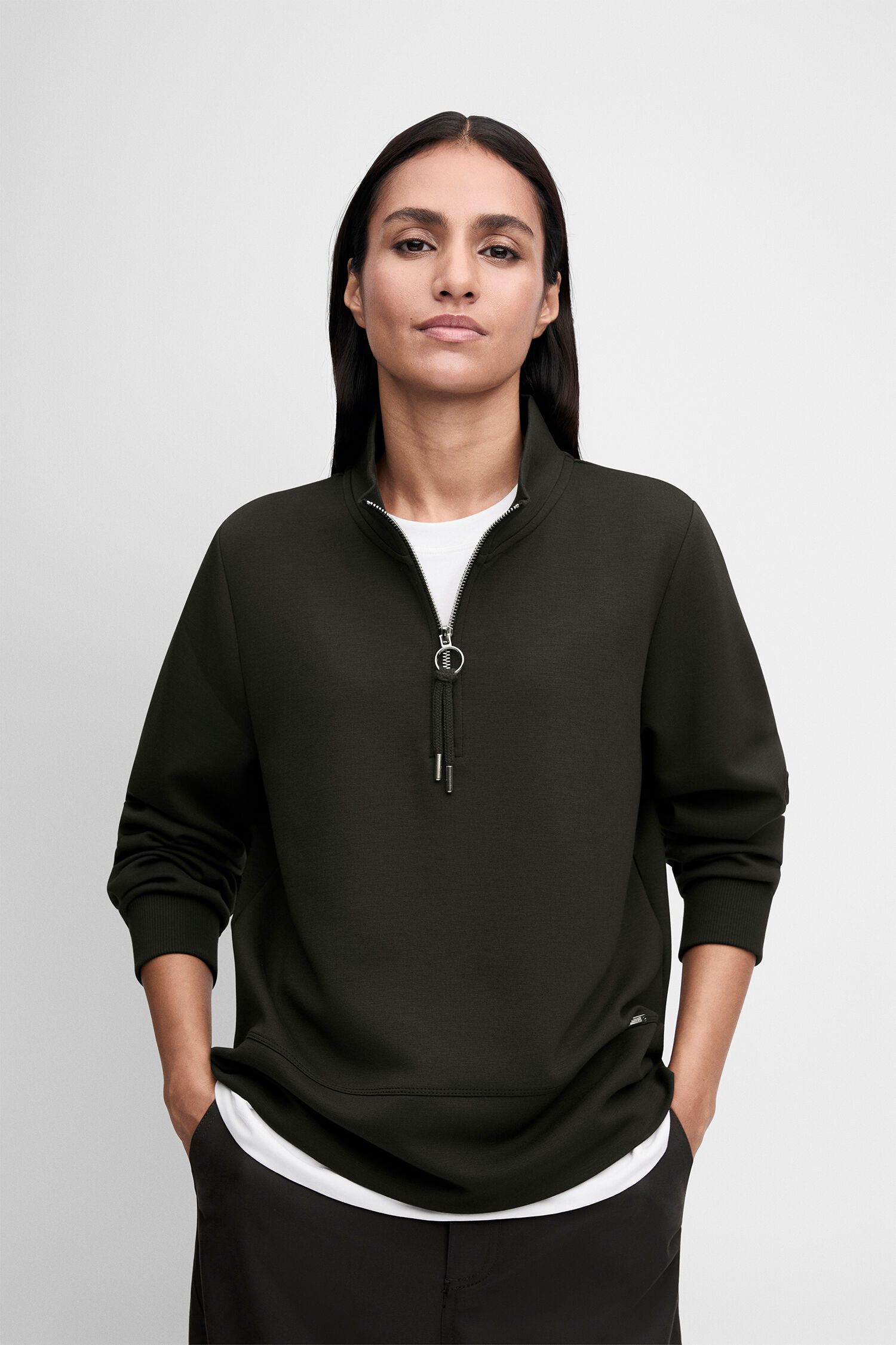 Sweatshirt, Half-zip, Dunkelgrün, Kängurutasche, Rippbündchen