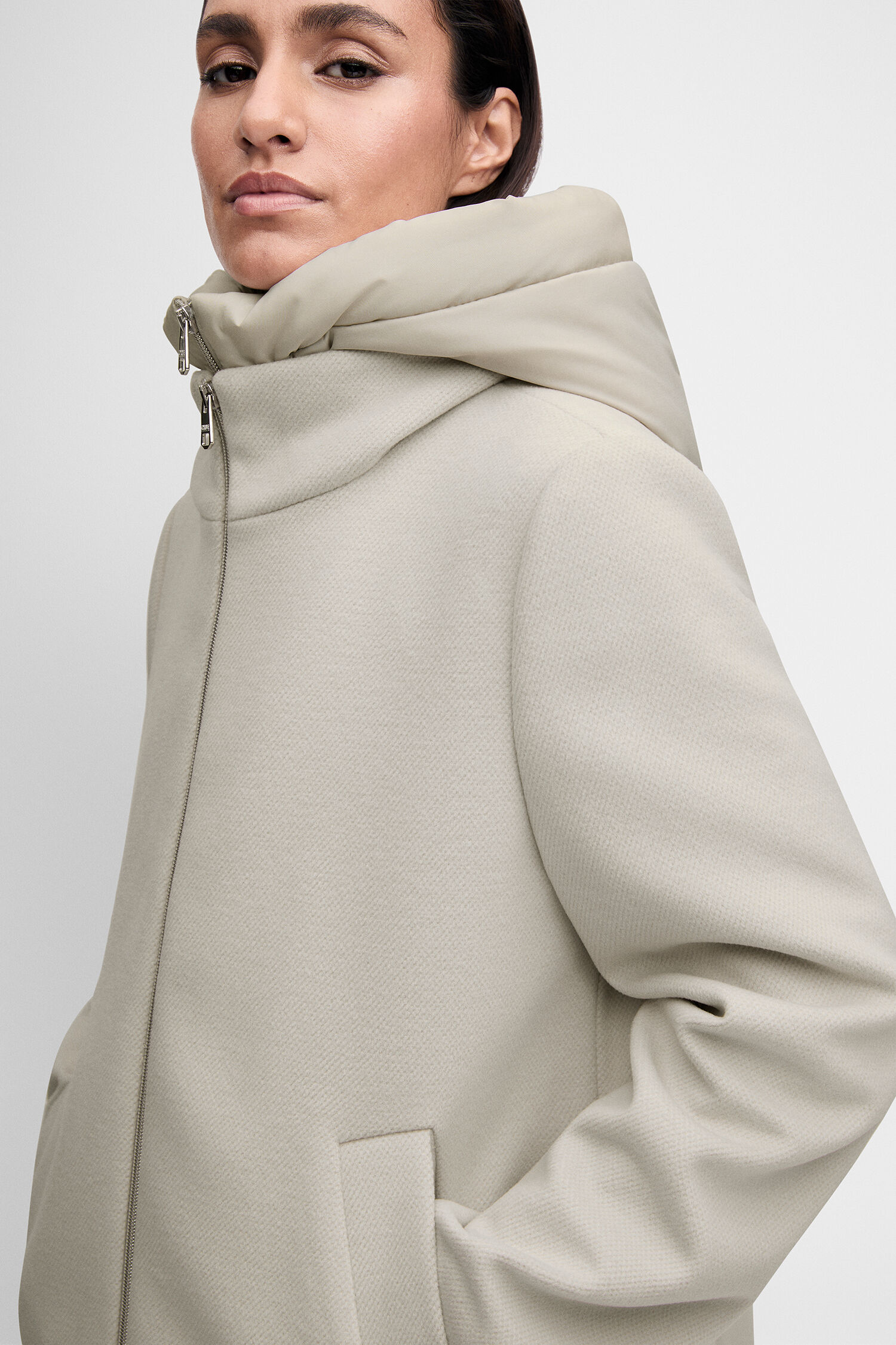 Mantel, Reißverschluss, Kapuze, Beige, Puffer