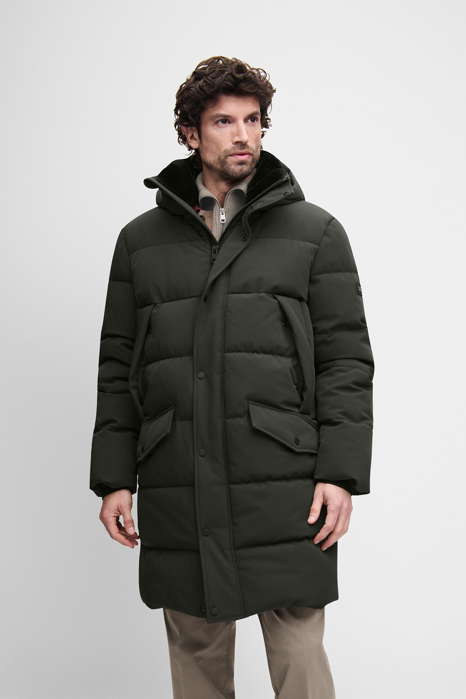 Daunenmantel, Pufferjacke, lange Jacke, Khaki/grün, Steppung