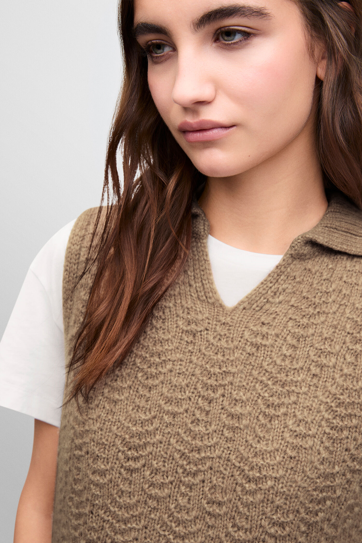 Weste, Strickweste, Beige, V-Ausschnitt, Oversized