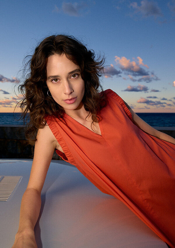 Kleidung, Kleid, Sommerkleid, Orange, Vorderseite Blick