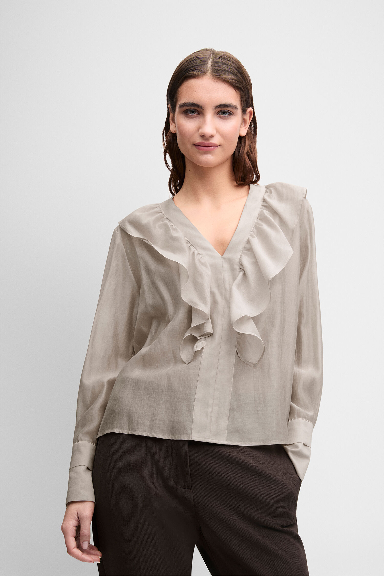 bluse, rüschen, V-Ausschnitt, langärmlig, seidenähnlich