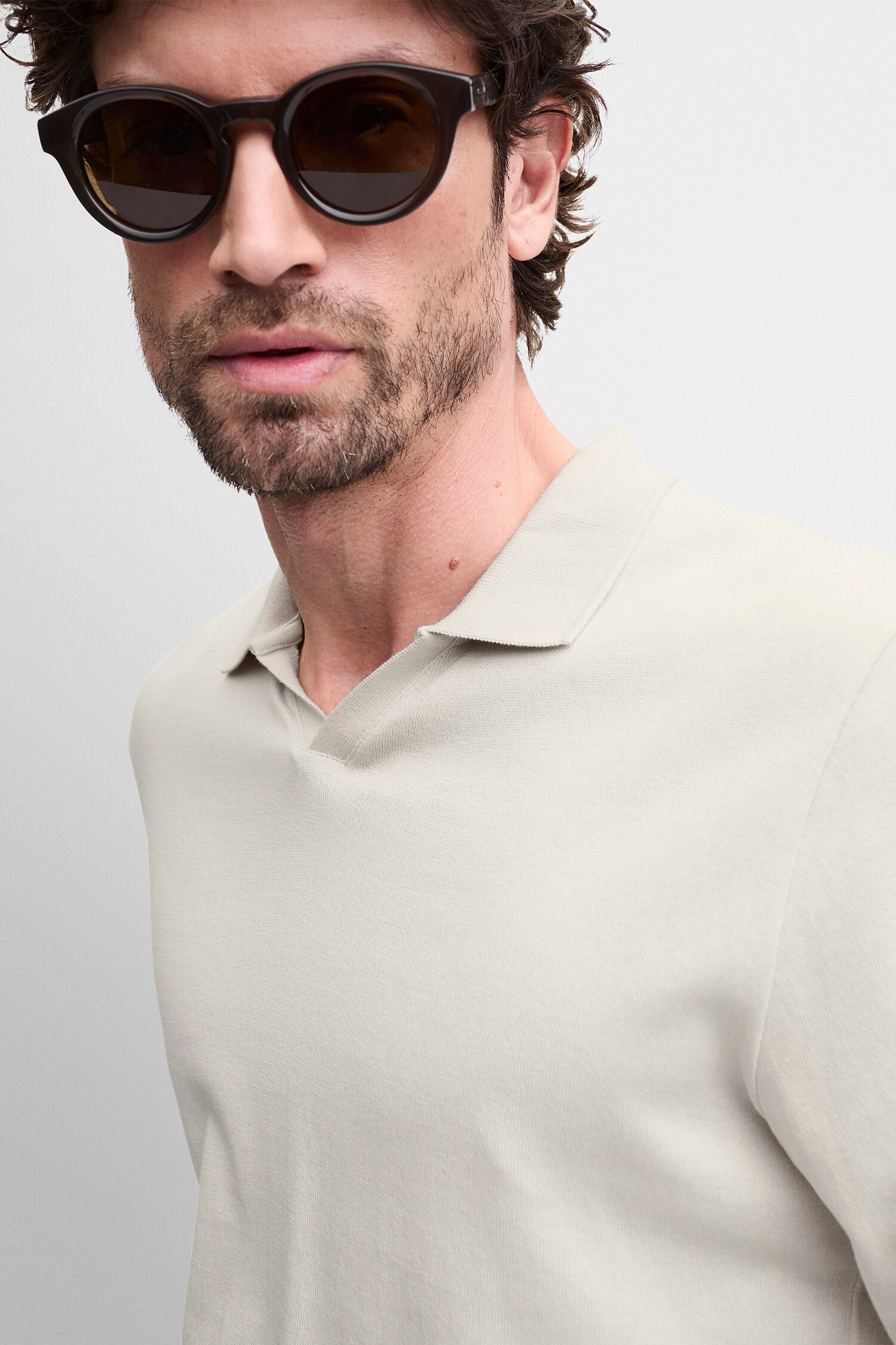 Poloshirt, Langarmshirt, Beige, Kragenpolo, Baumwolle