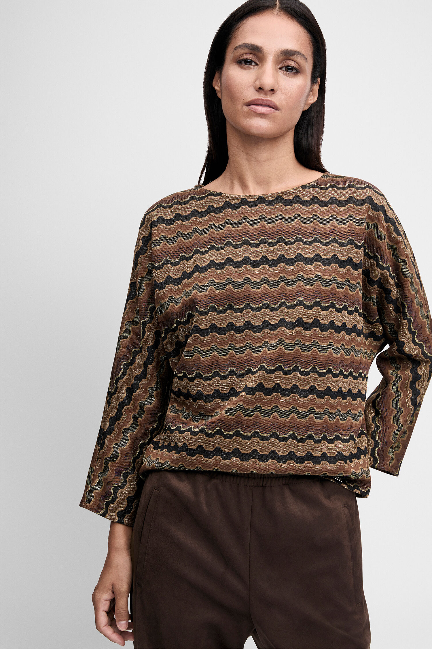 Pullover, Wellenmuster, Kariert, Langarm, Braunschwarz