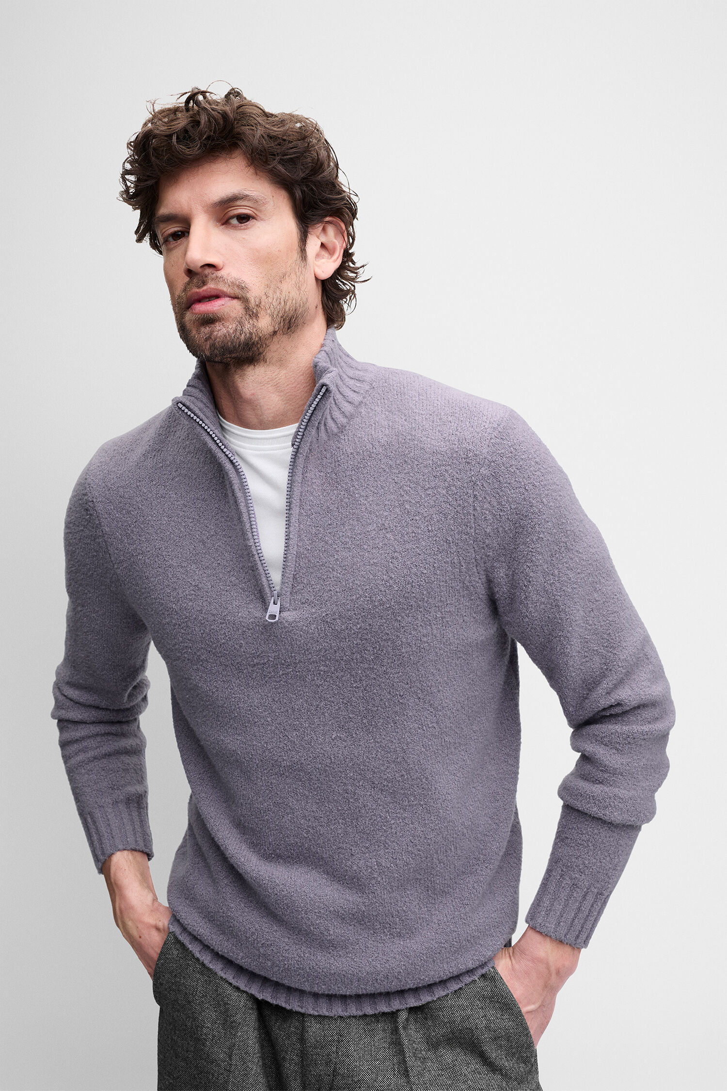 pullover, fleece, lavender, zip-neck, langarm