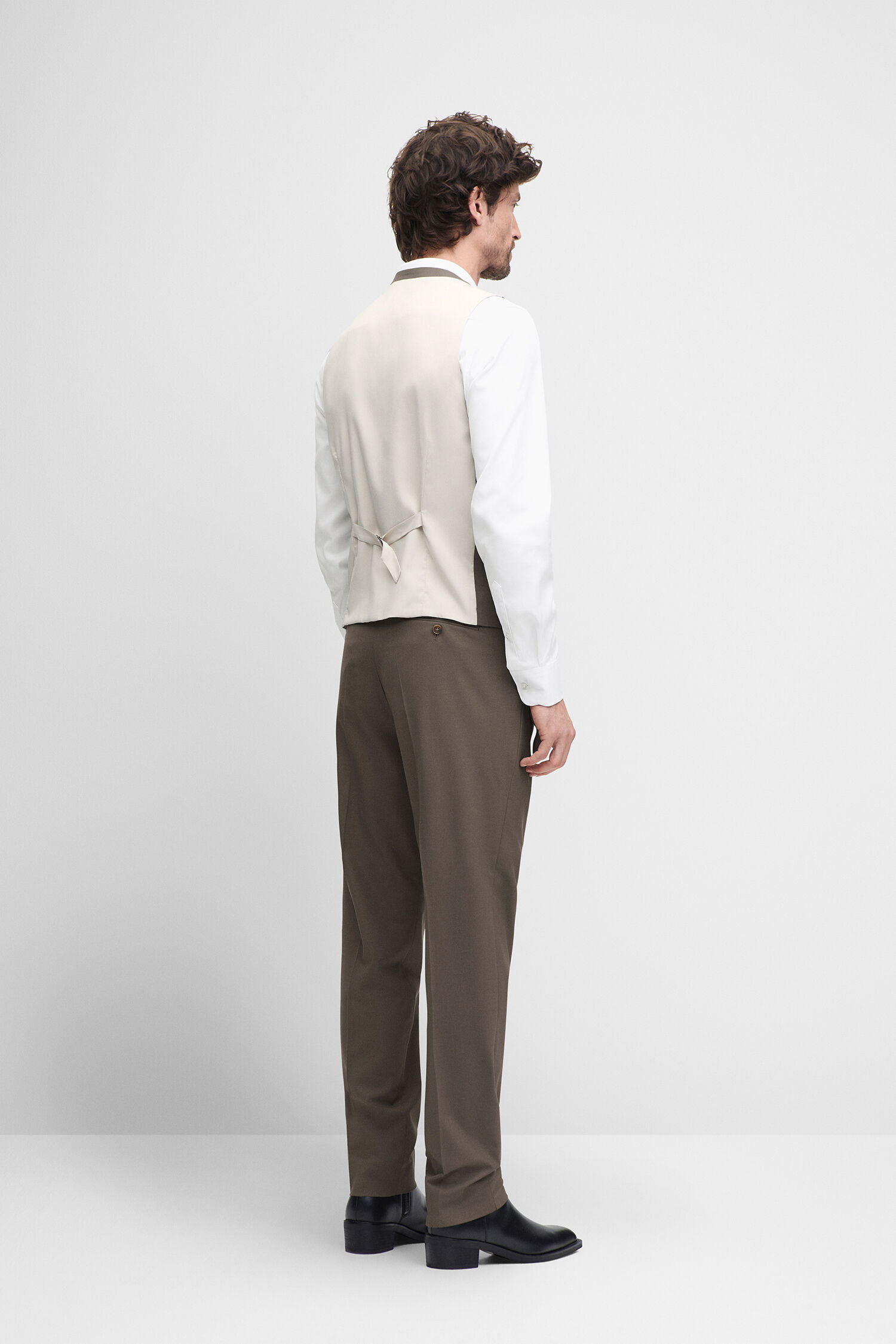 west-vest, beige-waistcoat, white-shirt, brown-trousers, black-shoes