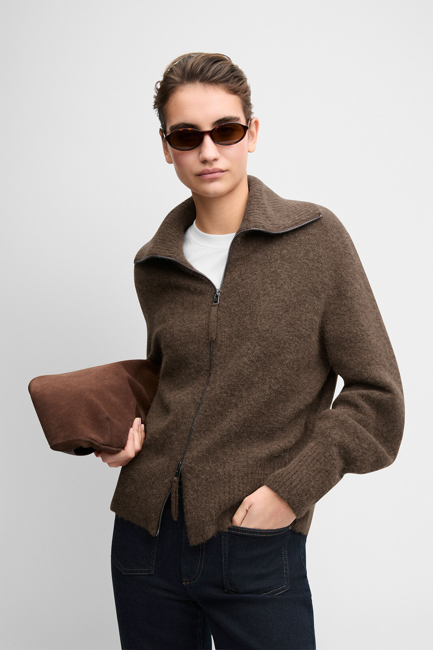 Jacquard, Reißverschluss, Kapuzenloser Cardigan, braun, Pulloverjacke