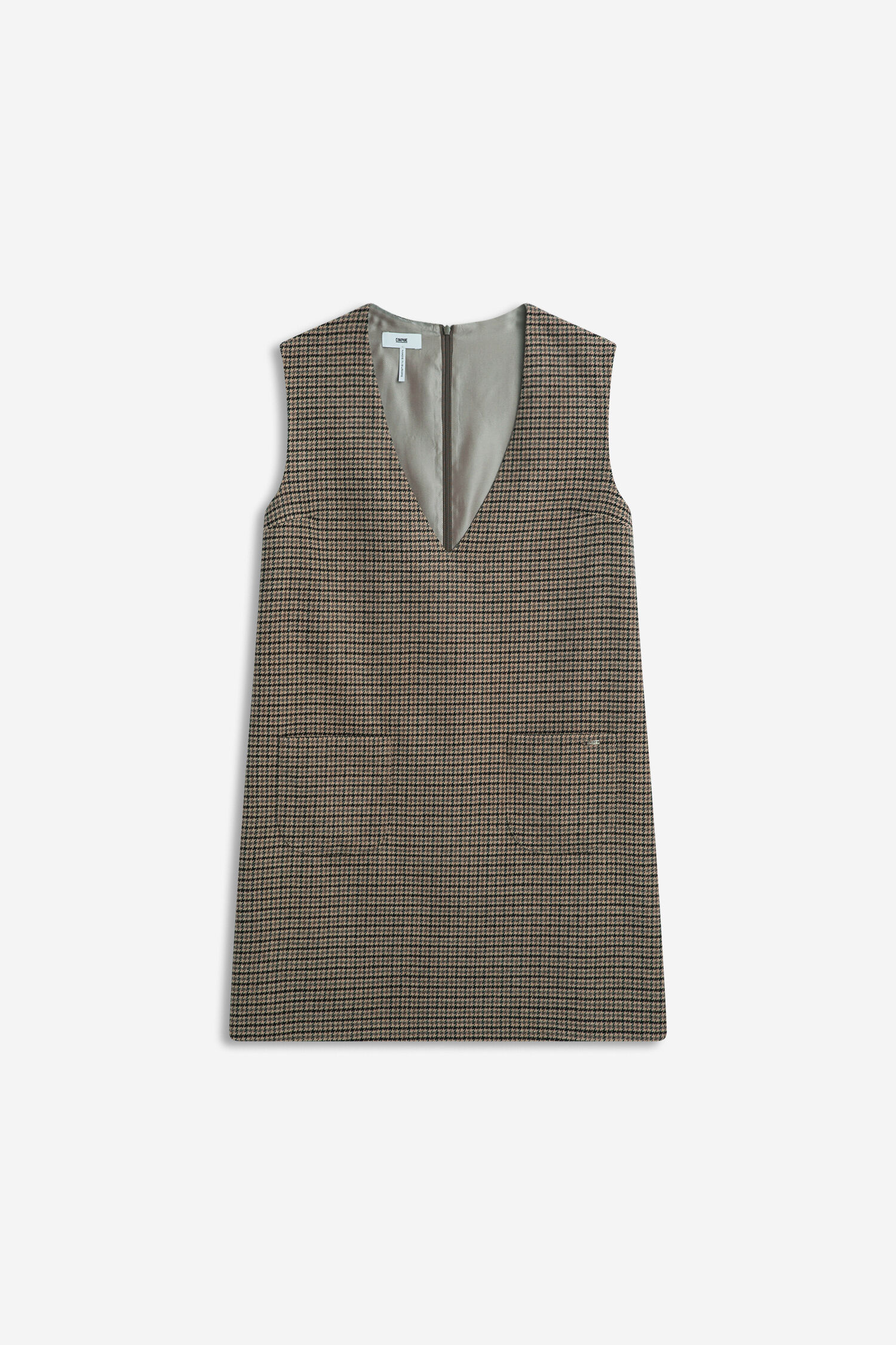 Wollmischung, Hahnentritt, Pintes Muster, V-Ausschnitt, Ärmelloser Schnitt