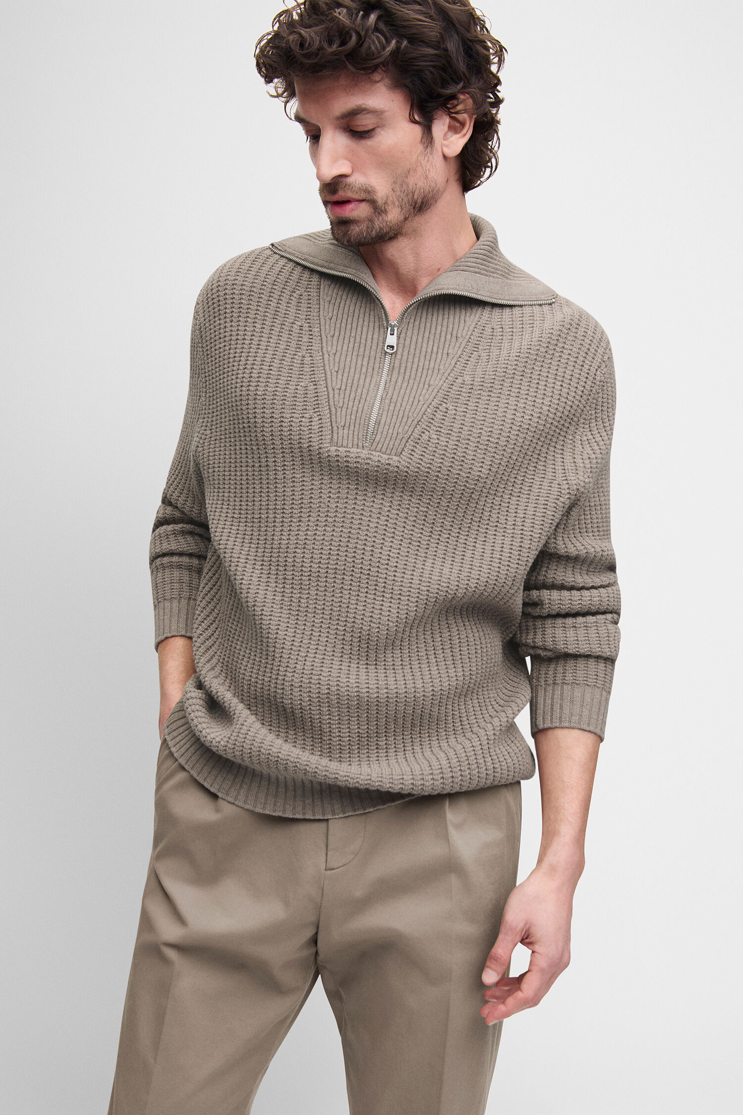 Pullover, Strickpullover, Halb-Reißverschluss, Taupe, Rippenstrick