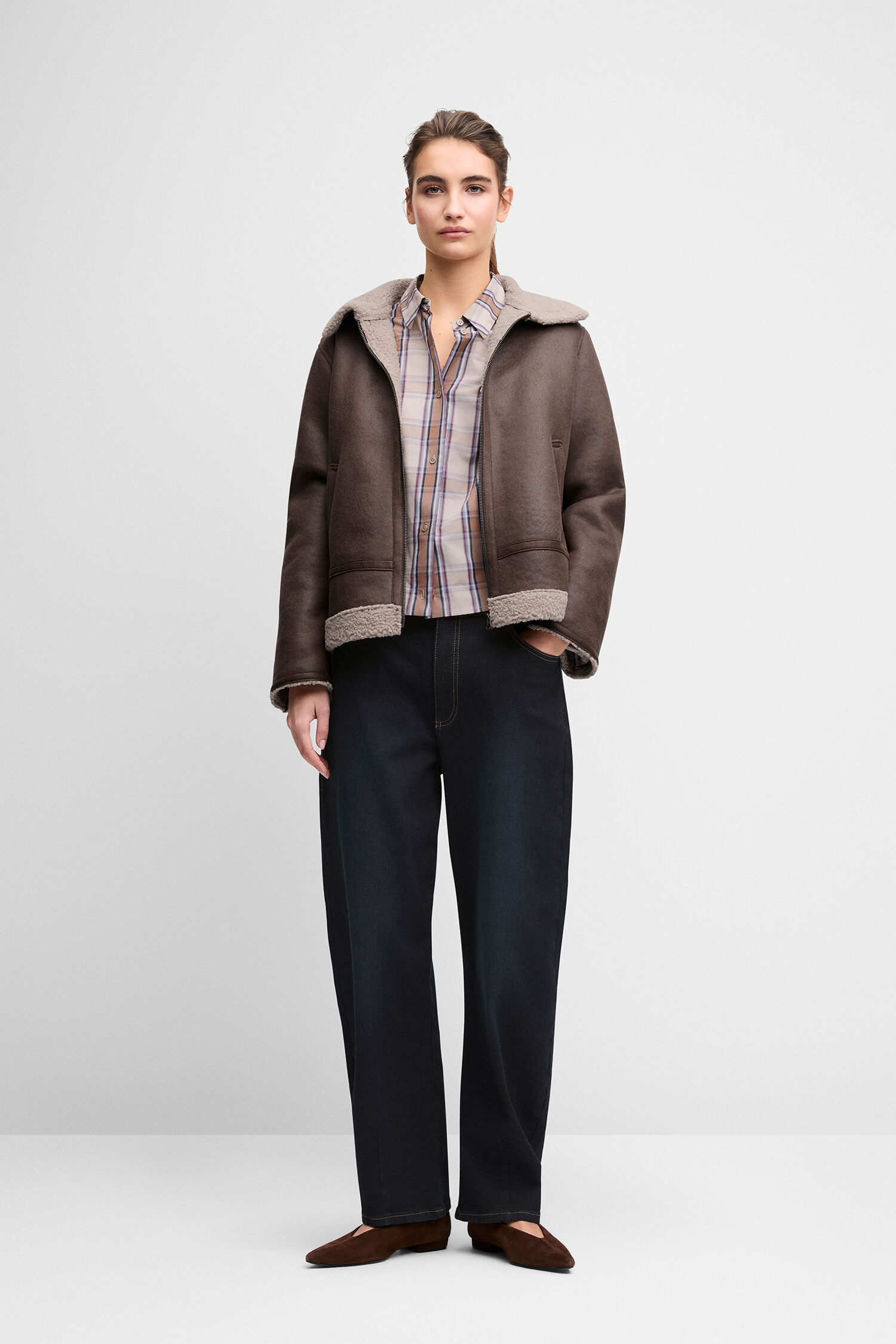 Lederjacke, Shearling, Braun, Mantel, Jeans/Jeanshose