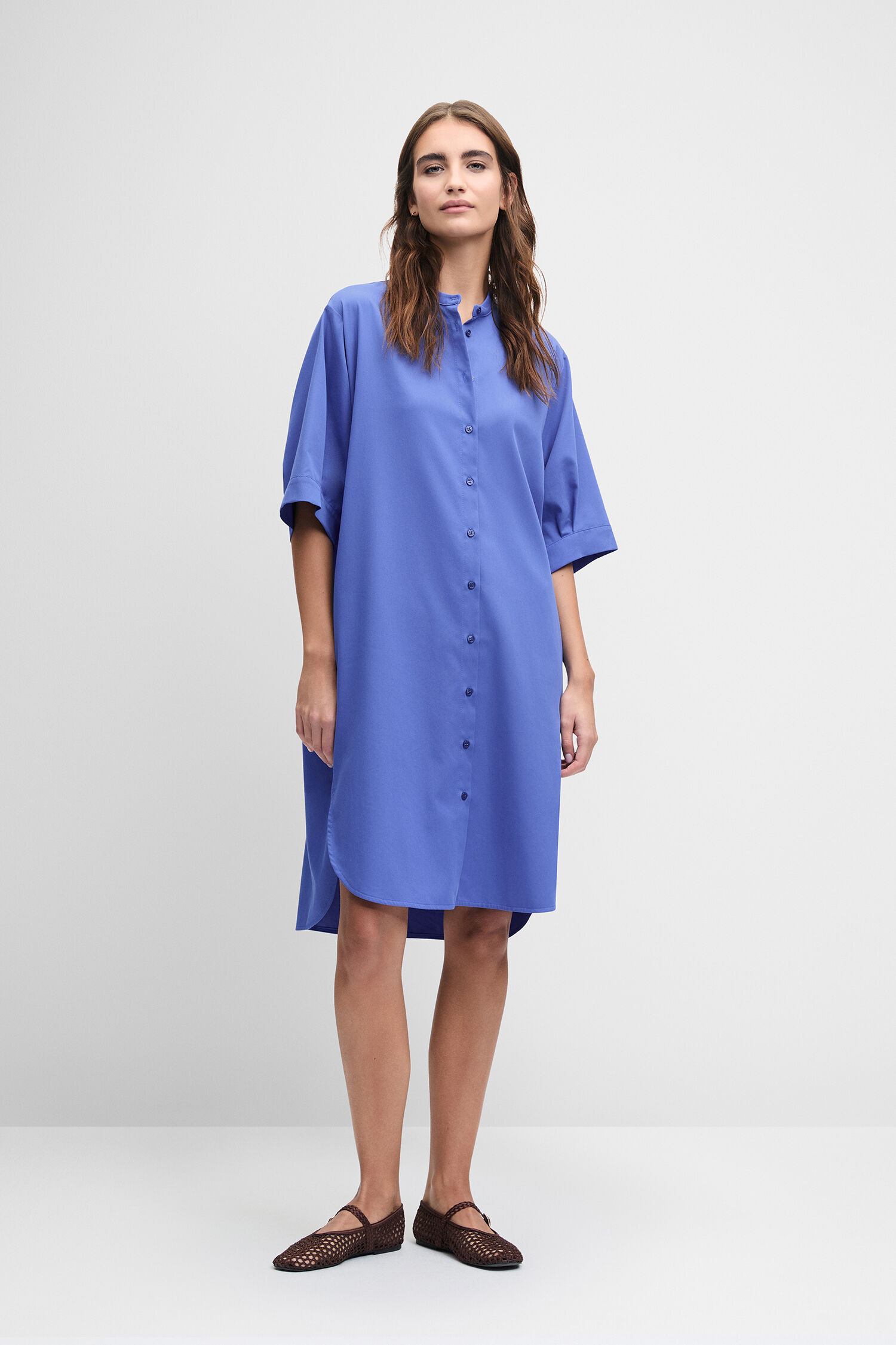Kleid, Kleid aus Baumwolle, Knopfleiste, Kurzärmelig, Violettblau