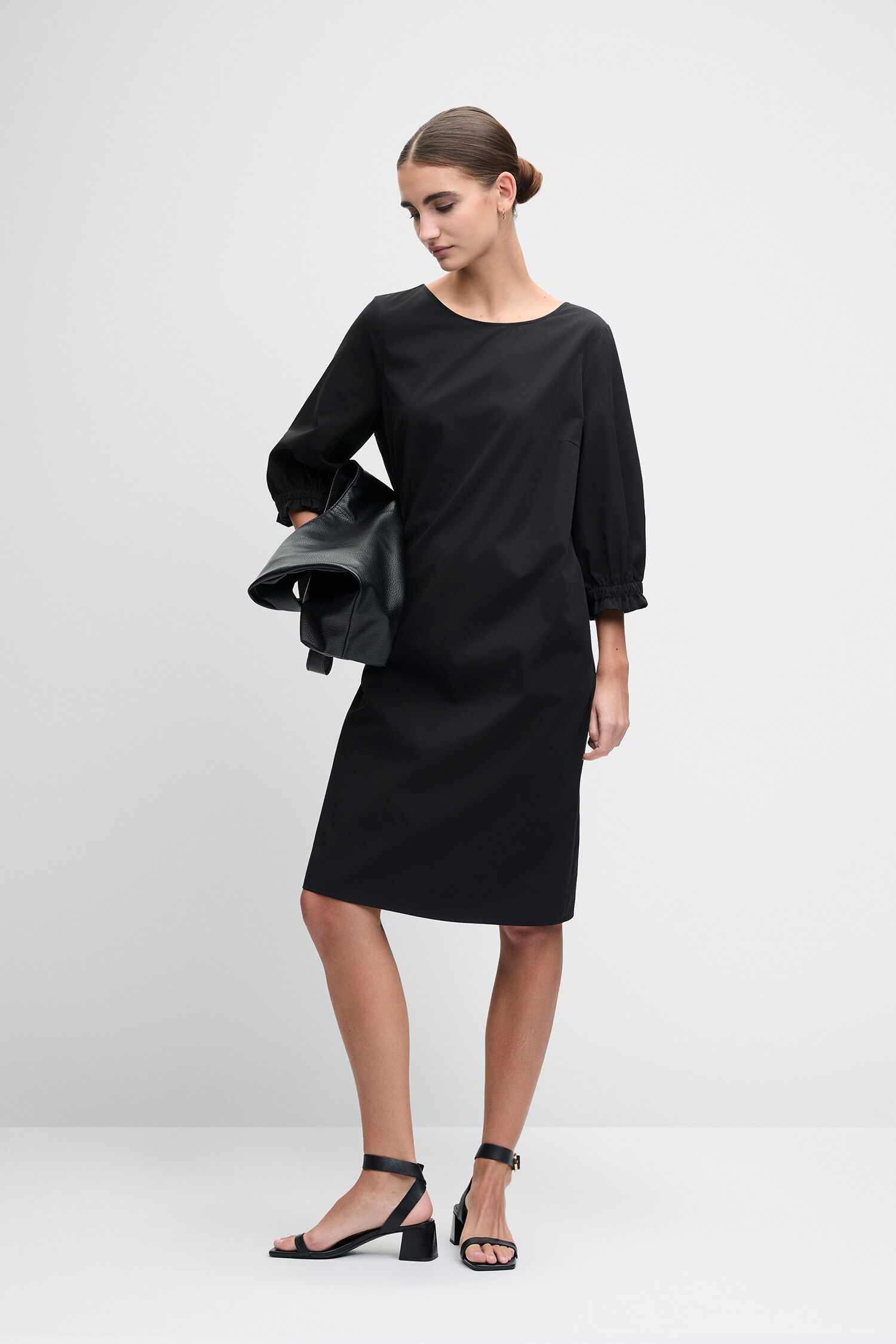 Kleid, Schlicht, Schwarzes Kleid, 3/4-Ärmel, Midi-Länge