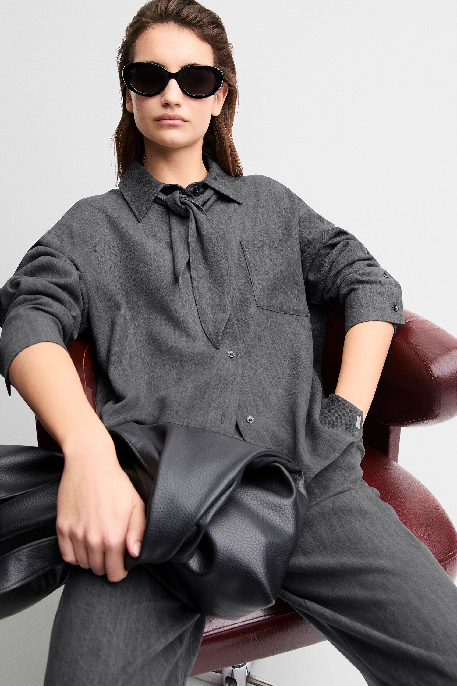 Hemd, Kragenbinde, Langarm, Grau, Oversize