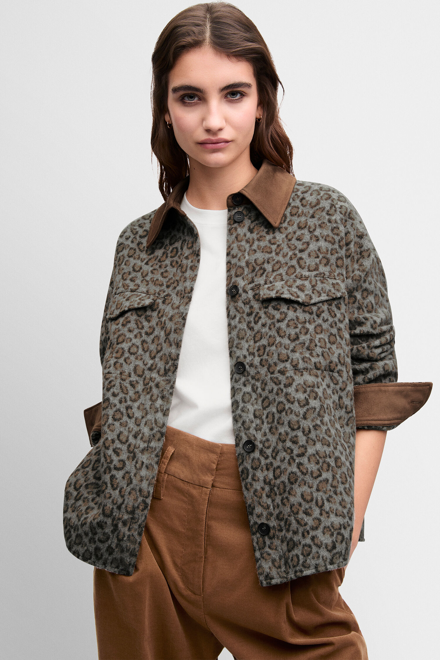 Leopardendruck, Overshirt, Woll- oder Flanellmaterial, Kragen, Reißverschluss/Knopfverschluss