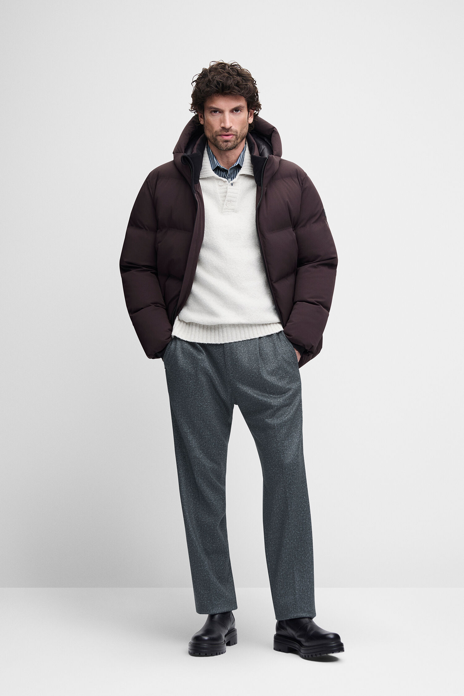 Pufferjacke, Dunkelbraun, Kapuze, Daunenjacke, Mantel