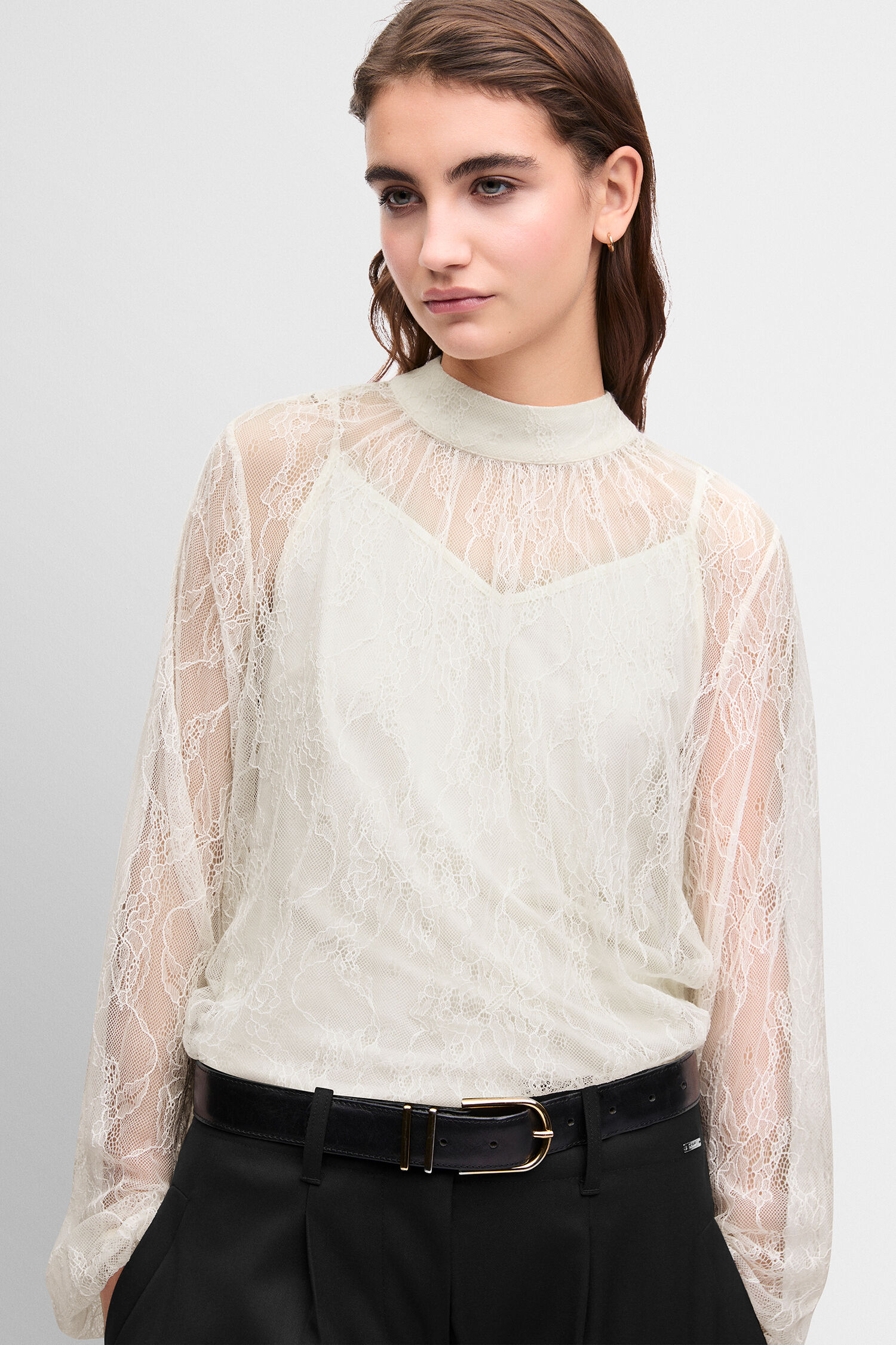 lace top, sheer sleeves, high neck, white blouse, black belt